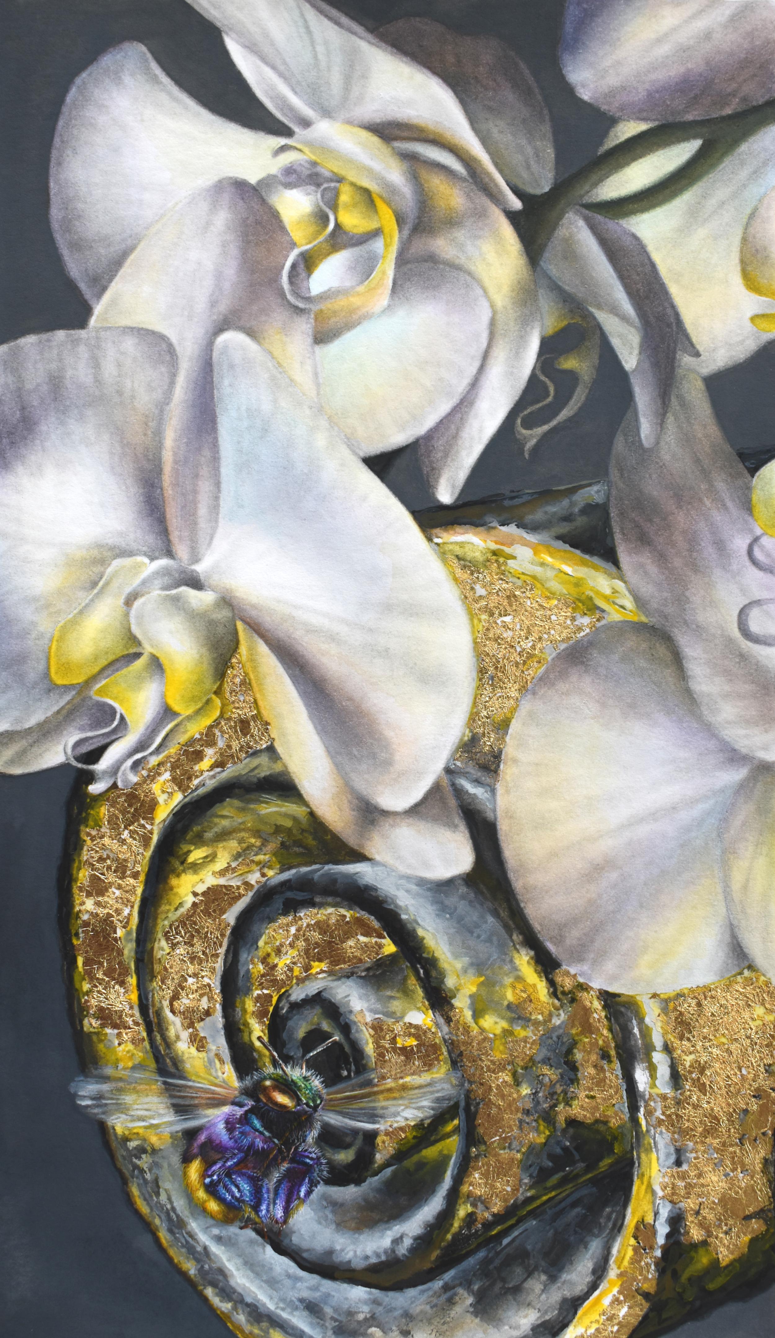 White Panama Catacomb, Botanical Painting of White Orchids, Gold Bumble Bee - Art by Francine Fox
