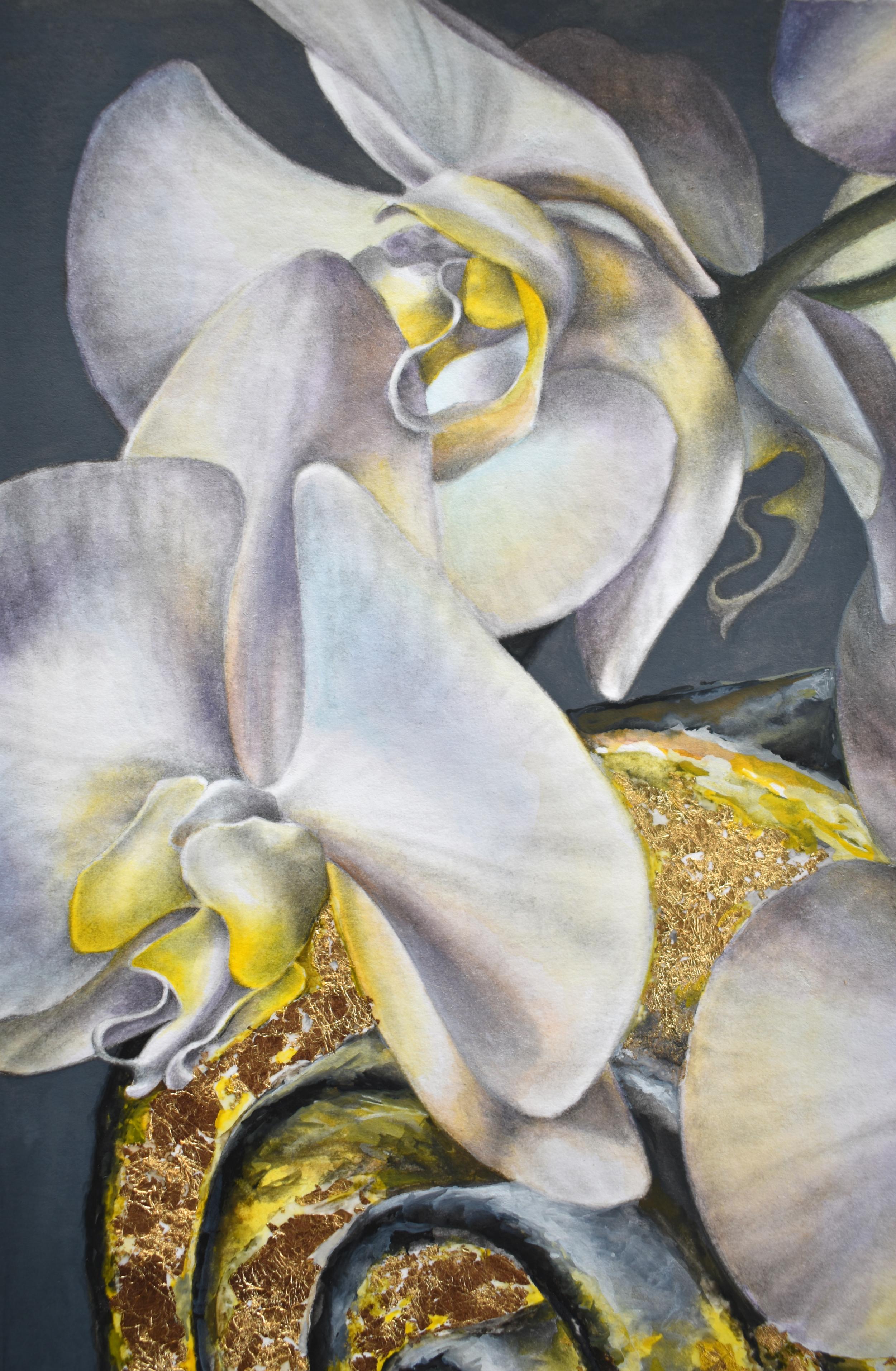 White Panama Catacomb, Botanical Painting of White Orchids, Gold Bumble Bee - Contemporary Art by Francine Fox