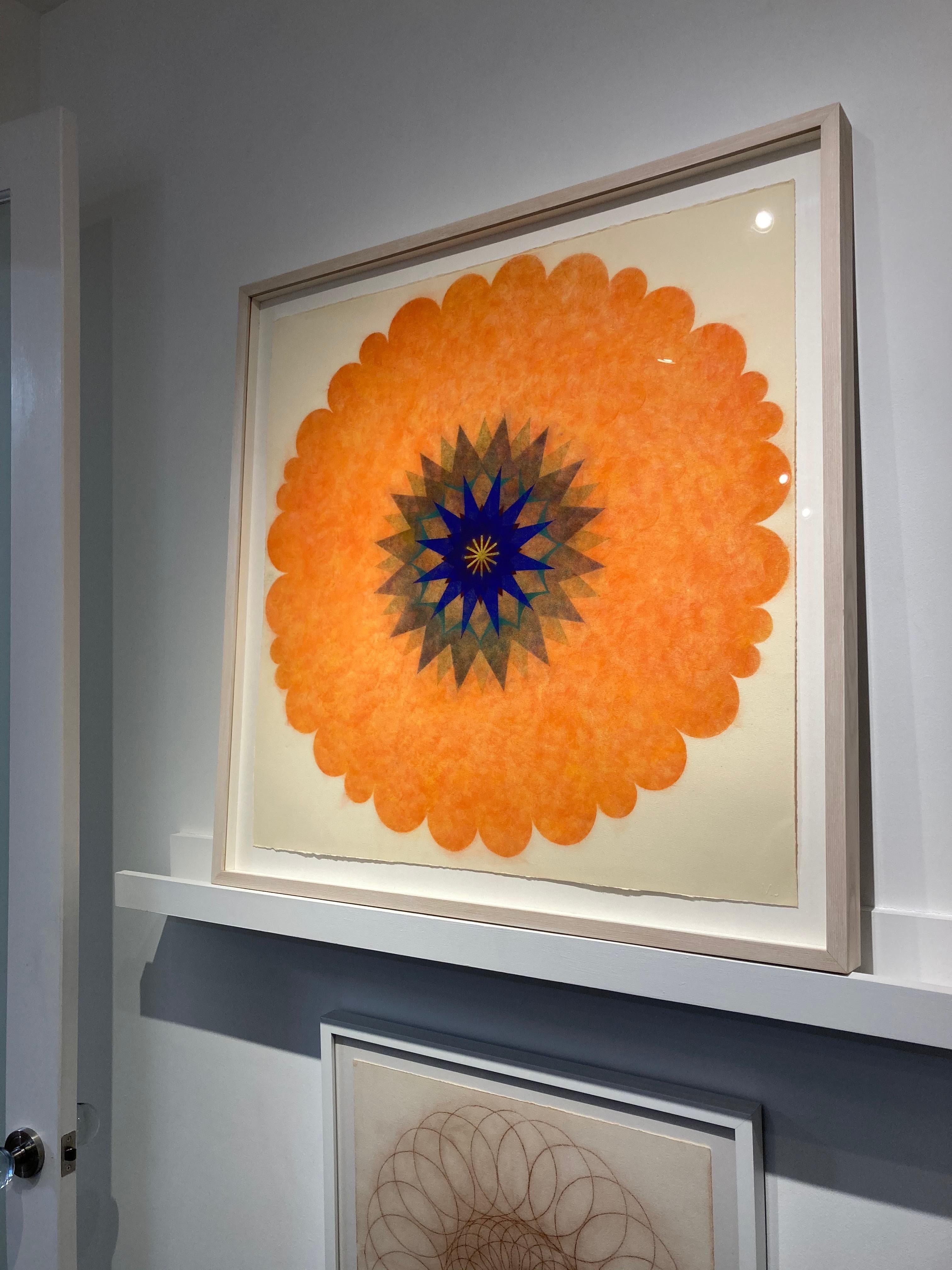 Mary Judge is widely known for this series of powdered pigment drawings, each work has saturated colors and a rich surface developed through her unique technique. Pop Flower 42 is a predominately orange mandala shape with a blue, green, brown and