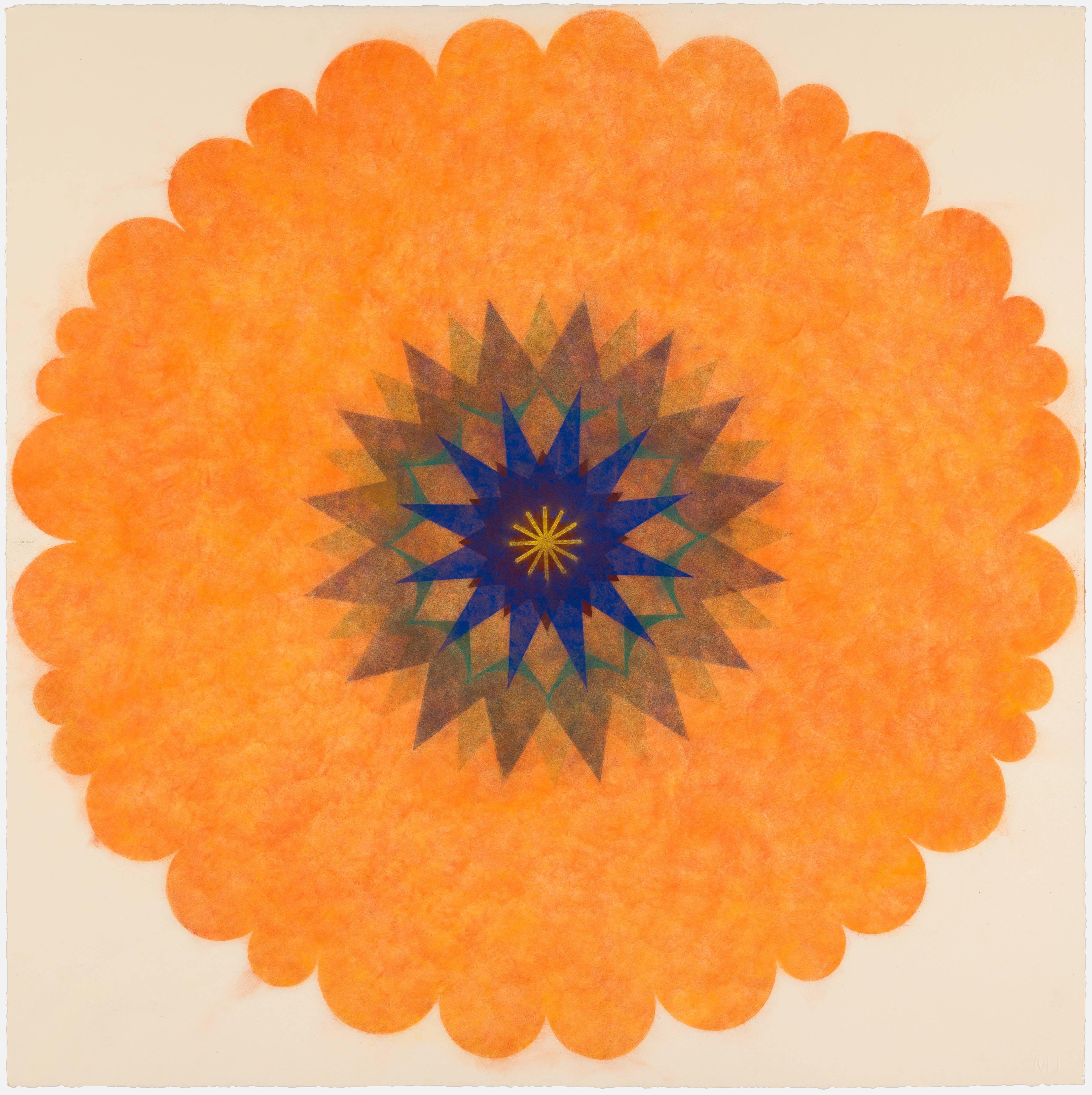 Mary Judge Abstract Drawing - Pop Flower 42, Bright Orange Mandala With Blue, Teal and Brown, Square Format