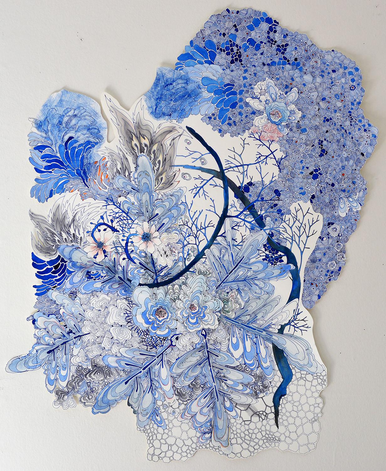 Dirty Fall, Cobalt Blue Detailed Drawing, Pink Botanical Flowers