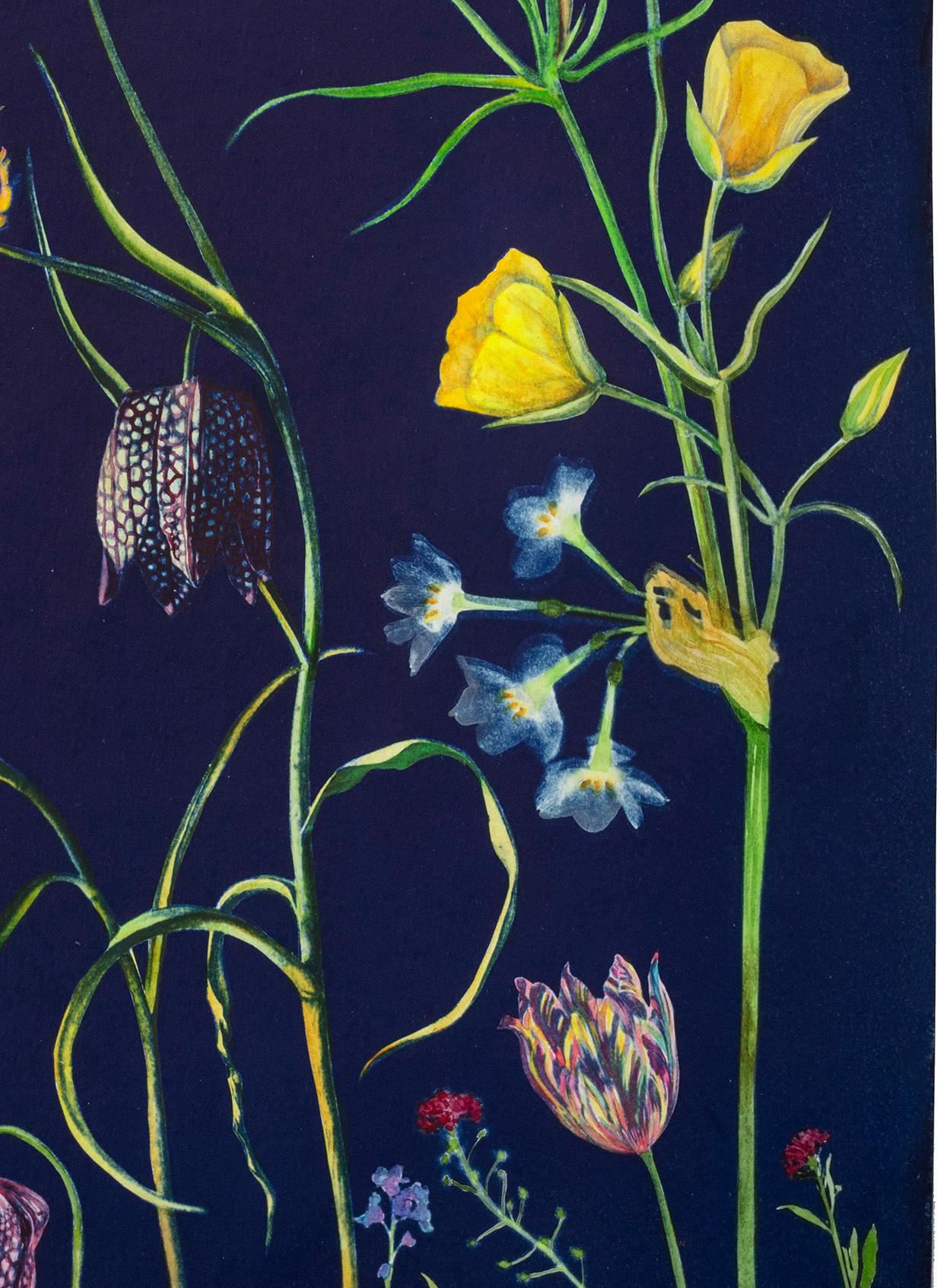 In this vertical work in watercolor, gouache, and cyanotype on Cold Press watercolor paper, meticulously detailed flowers, including fritillarias, cosmos, and buttercups, are colorful and luminous in shades of bright yellow, orange, magenta, pale