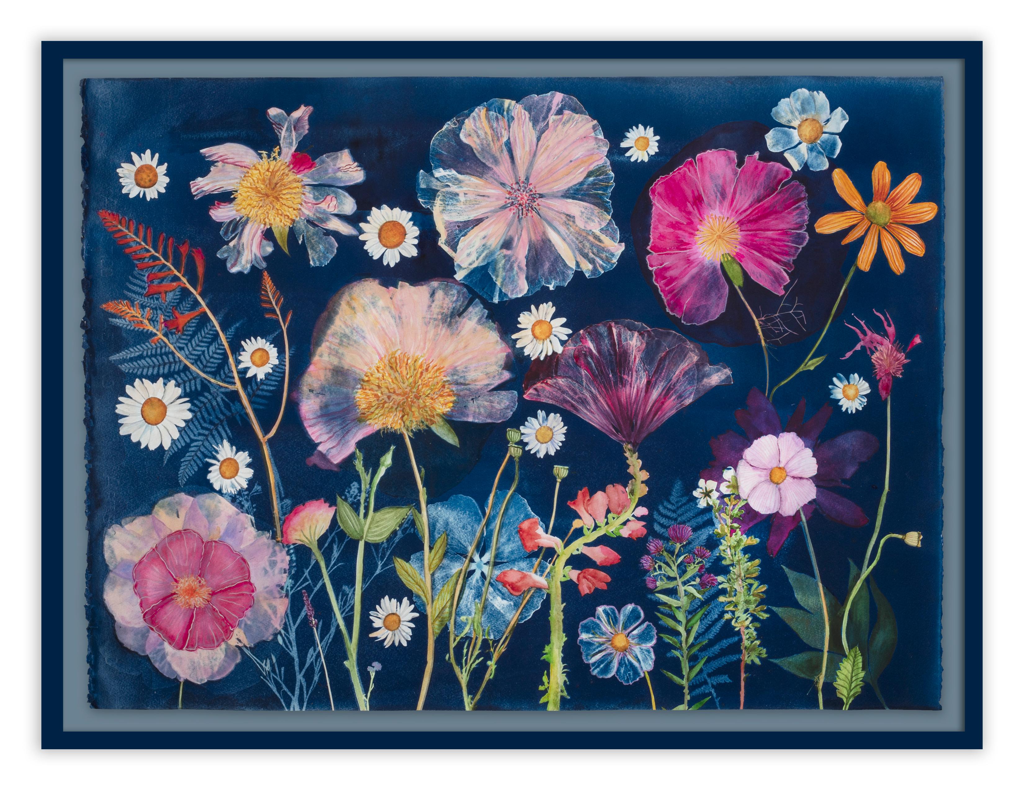 In this horizontal work in watercolor, gouache, and cyanotype on cotton Fabriano paper, meticulously detailed flowers, including hibiscus, peonies, daisies and montbretia are colorful and luminous in shades of light pink, vibrant fuchsia, bright