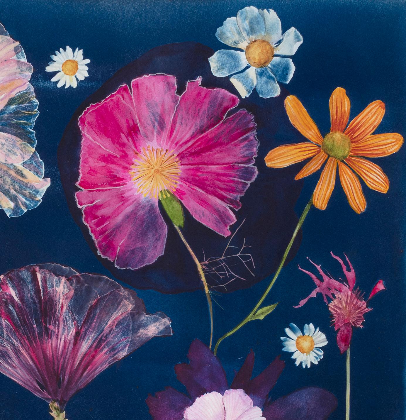 Cyanotype Painting Peonies, Hibiscus, Daisies, Montbretia, Flowers on Blue 1