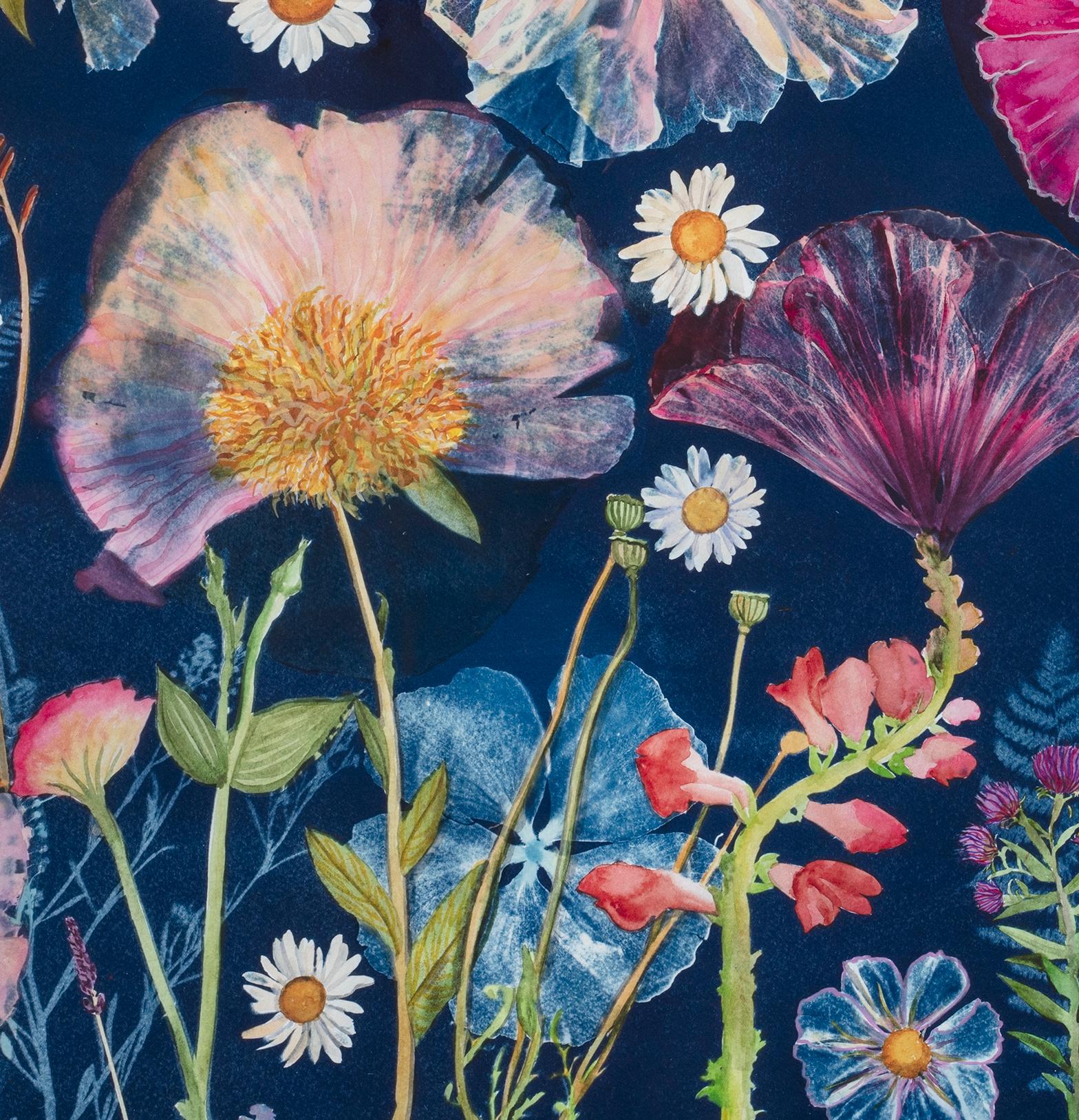 Cyanotype Painting Peonies, Hibiscus, Daisies, Montbretia, Flowers on Blue 2
