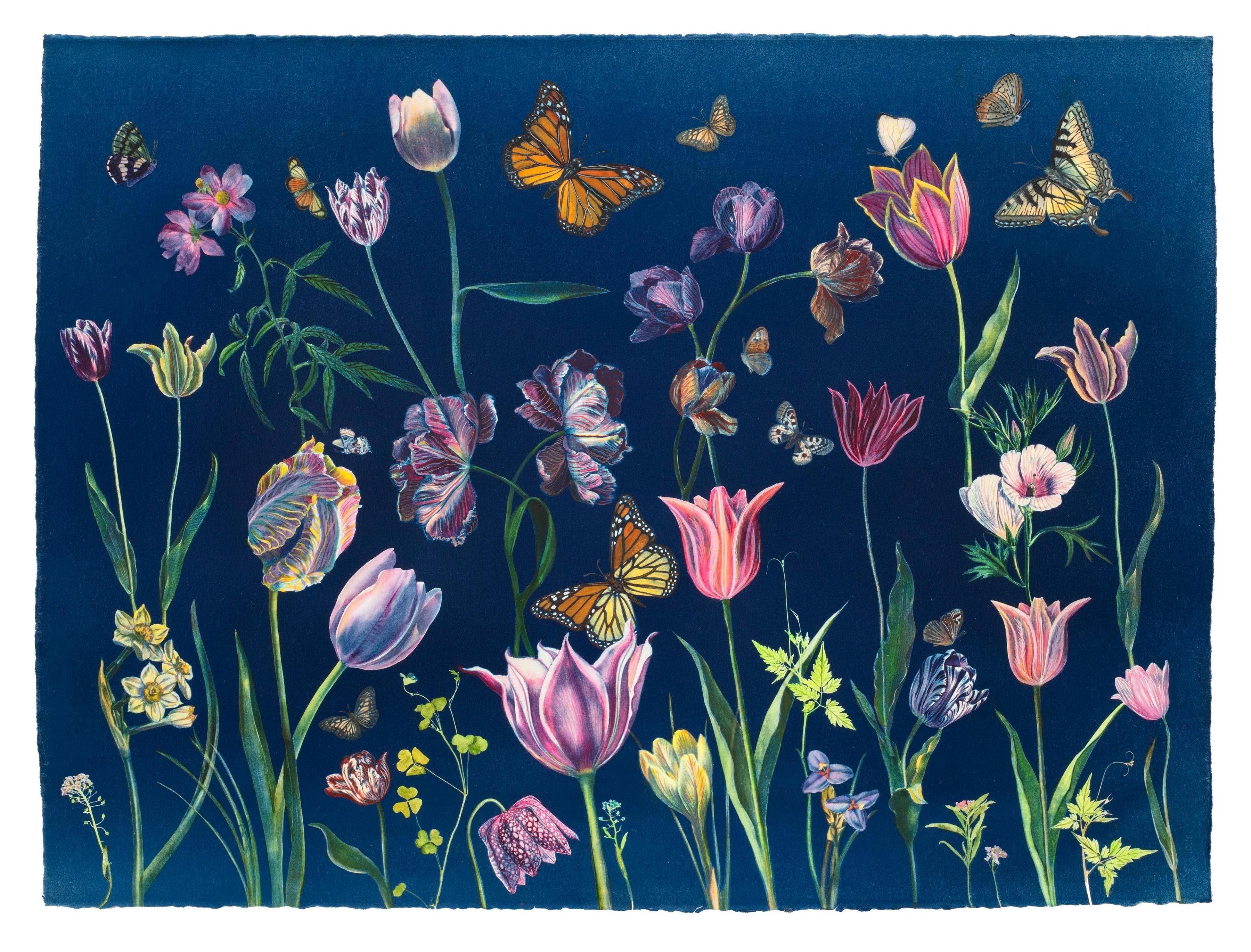 Cyanotype Painting Tulips, Daffodils, Crocus, Pollinators, Flowers, Butterflies - Art by Julia Whitney Barnes