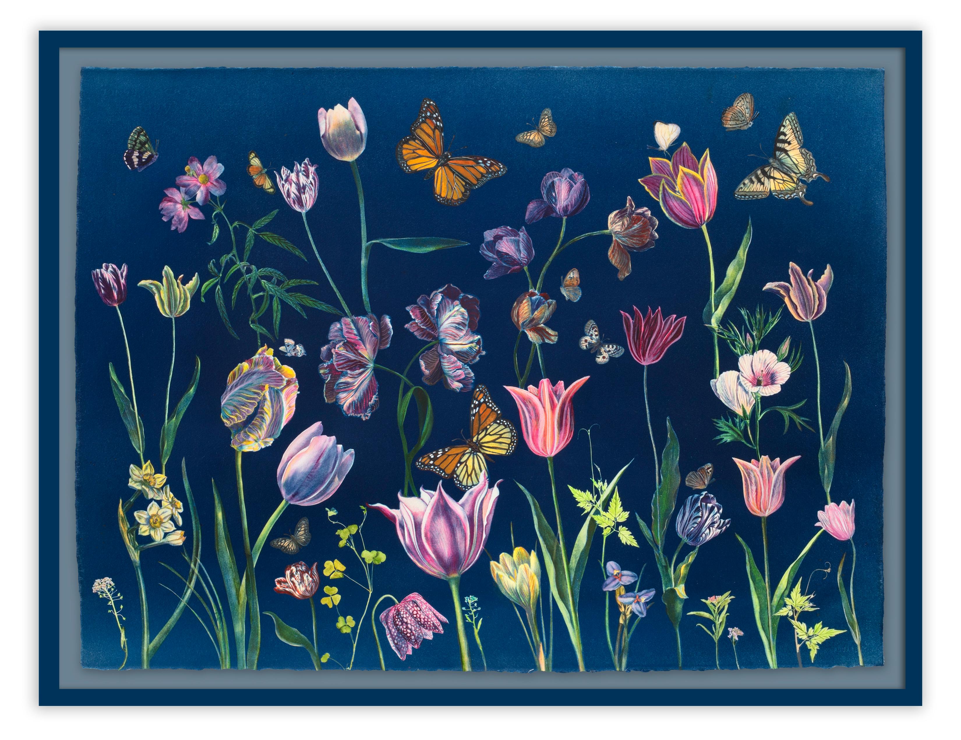 Cyanotype Painting Tulips, Daffodils, Crocus, Pollinators, Flowers, Butterflies - Contemporary Art by Julia Whitney Barnes
