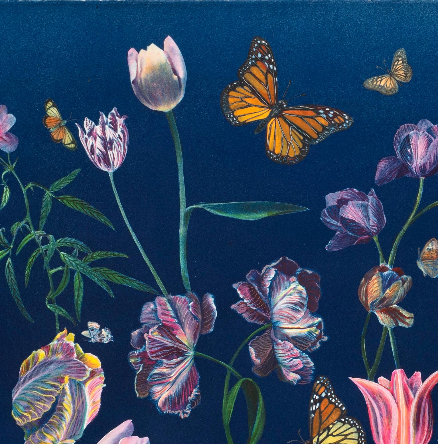 In this horizontal work in watercolor, gouache, and cyanotype on cotton Arches paper, meticulously detailed flowers, including tulips, daffodils and crocus are colorful and luminous in shades of pink, bright yellow, purple and green against a deep,
