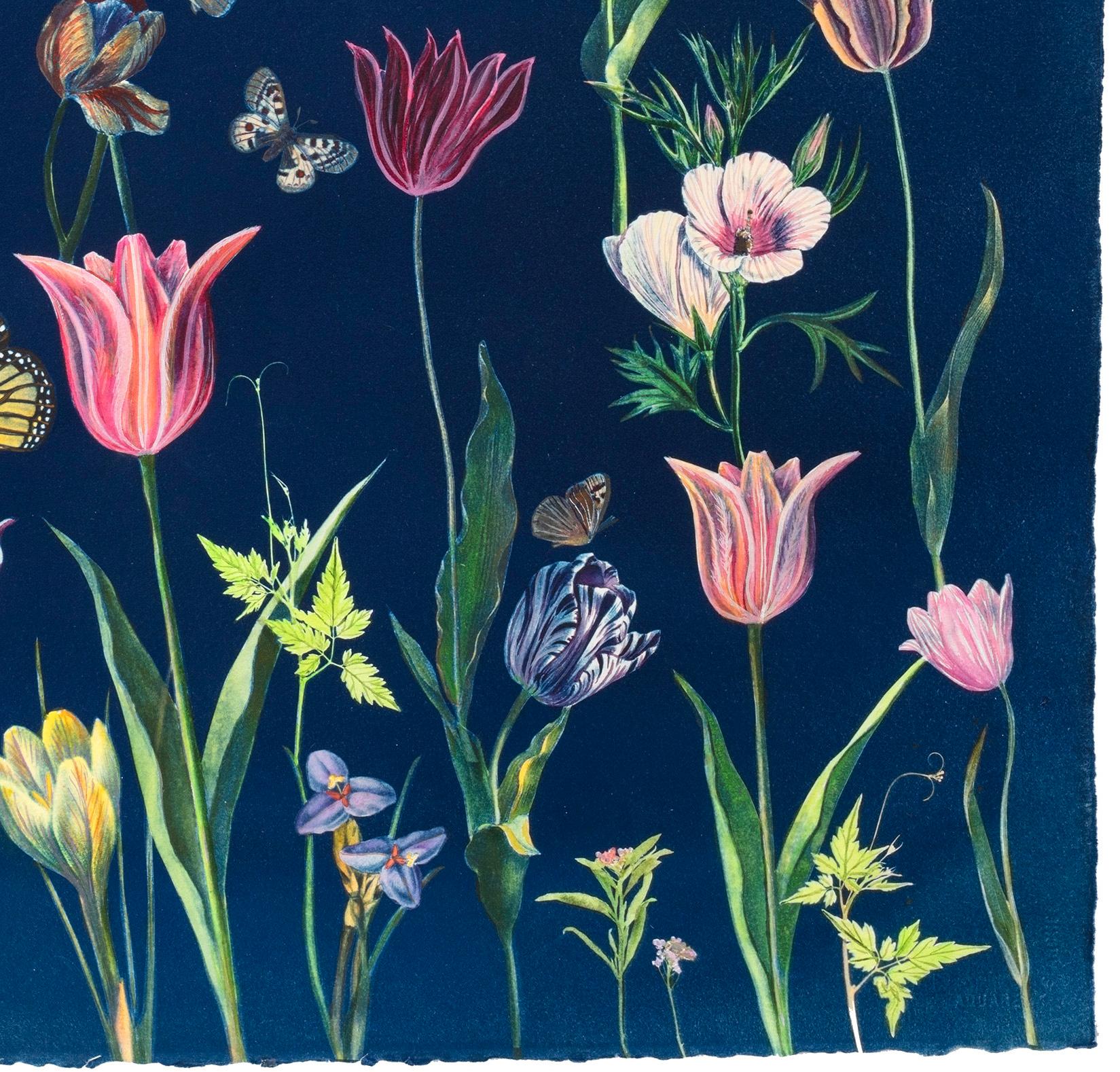 Cyanotype Painting Tulips, Daffodils, Crocus, Pollinators, Flowers, Butterflies 1