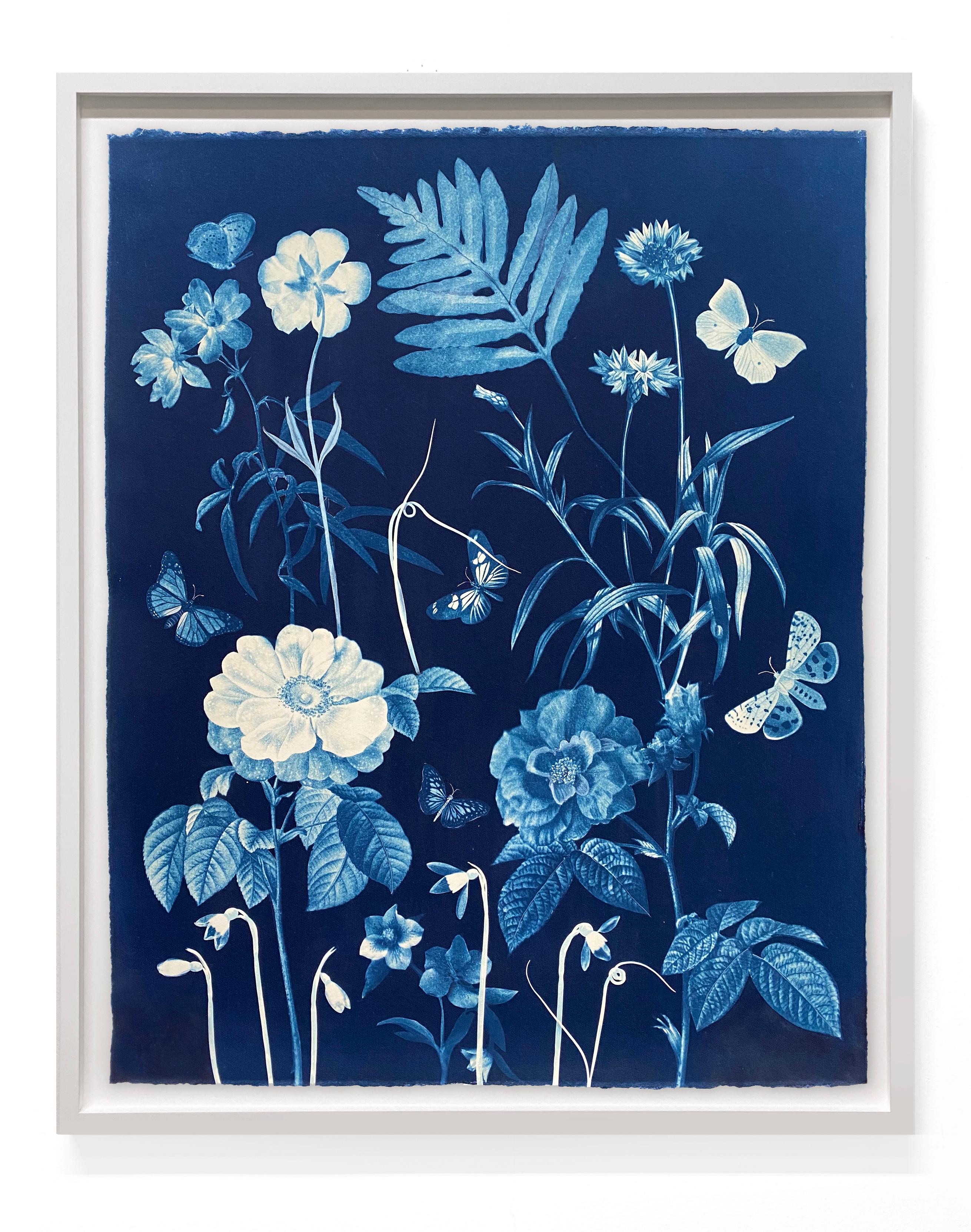 Cyanotype Painting Roses, Snowdrops, Pollinators, Botanical Painting on Blue - Contemporary Art by Julia Whitney Barnes