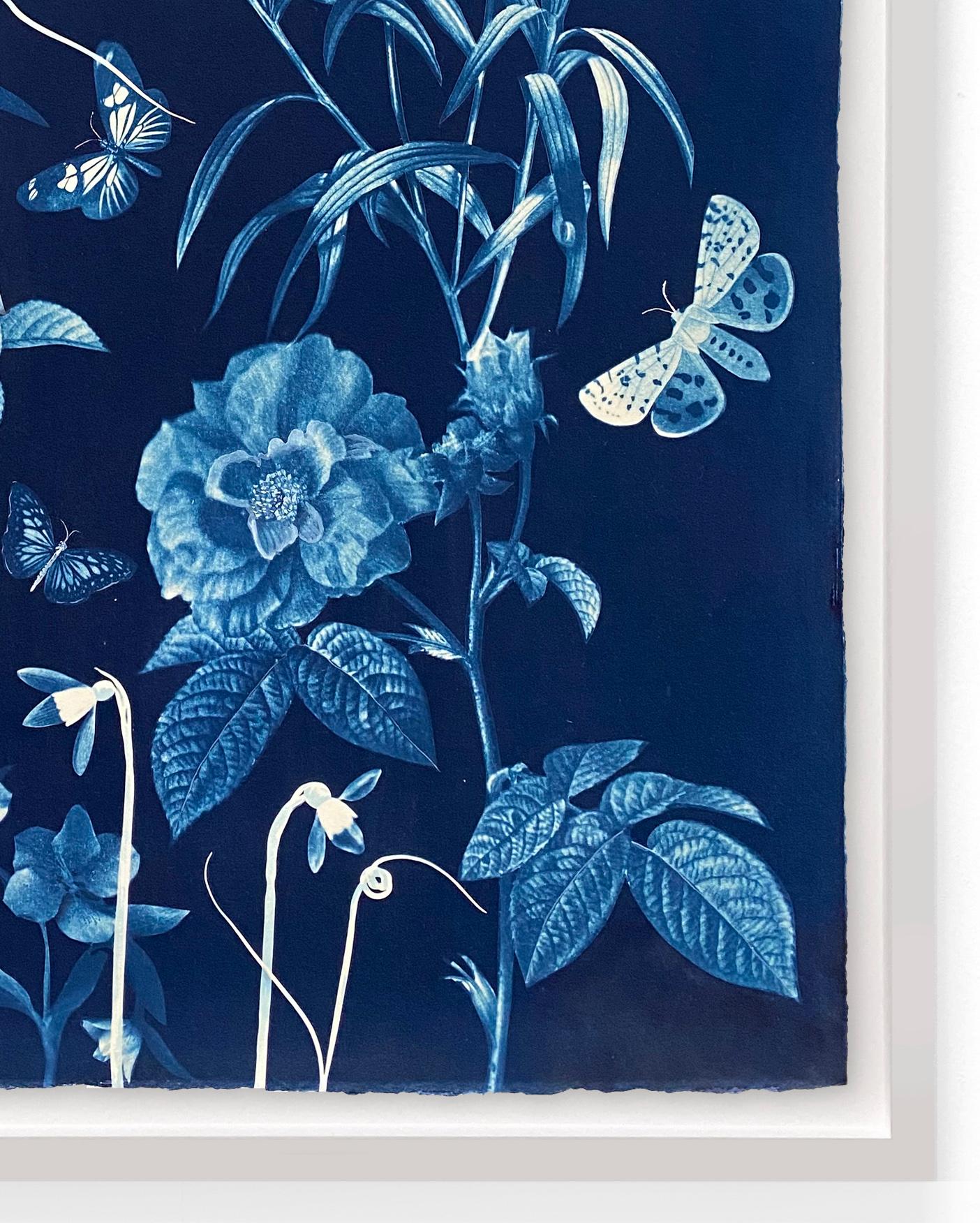 Cyanotype Painting Roses, Snowdrops, Pollinators, Botanical Painting on Blue 3