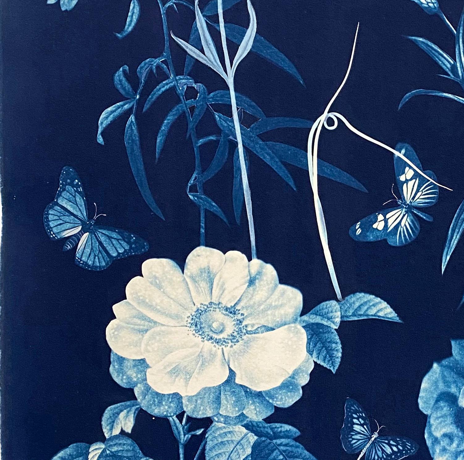 Cyanotype Painting Roses, Snowdrops, Pollinators, Botanical Painting on Blue 2