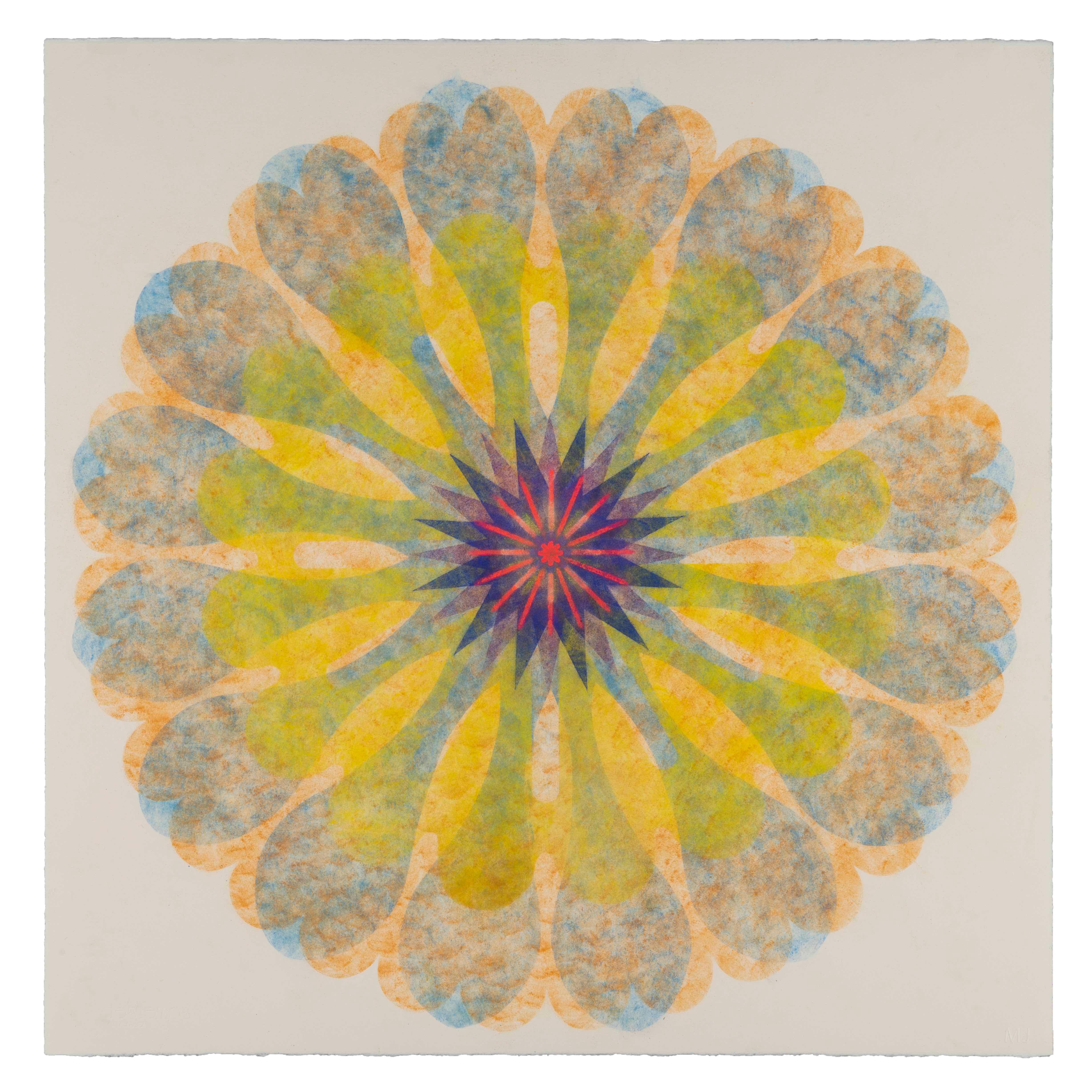 Mary Judge Abstract Drawing - Poptic 16, Flower Mandala, Light Orange, Blue, Golden Yellow, Red, Cobalt