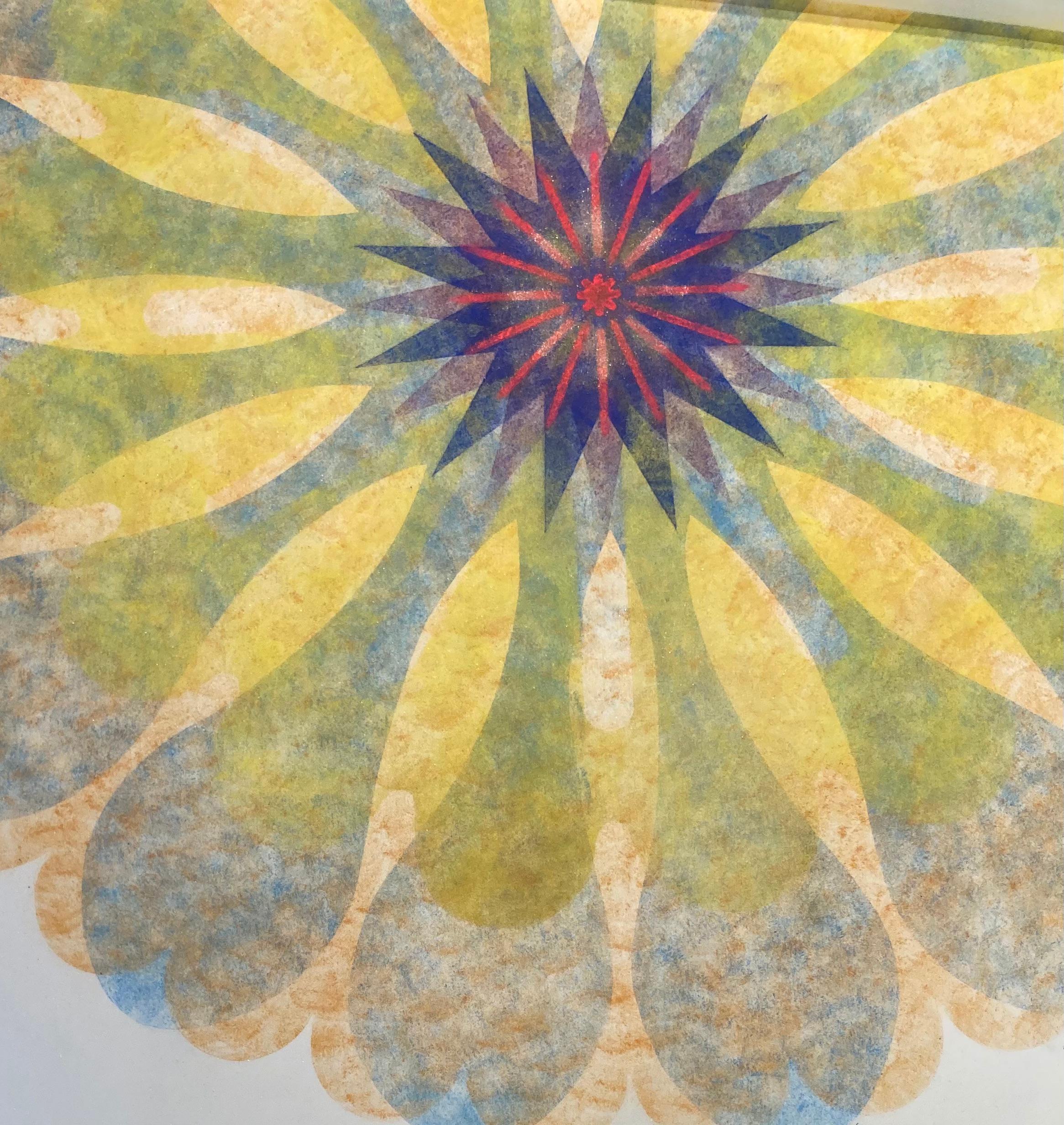 Poptic 16, Flower Mandala, Light Orange, Blue, Golden Yellow, Red, Cobalt - Art by Mary Judge