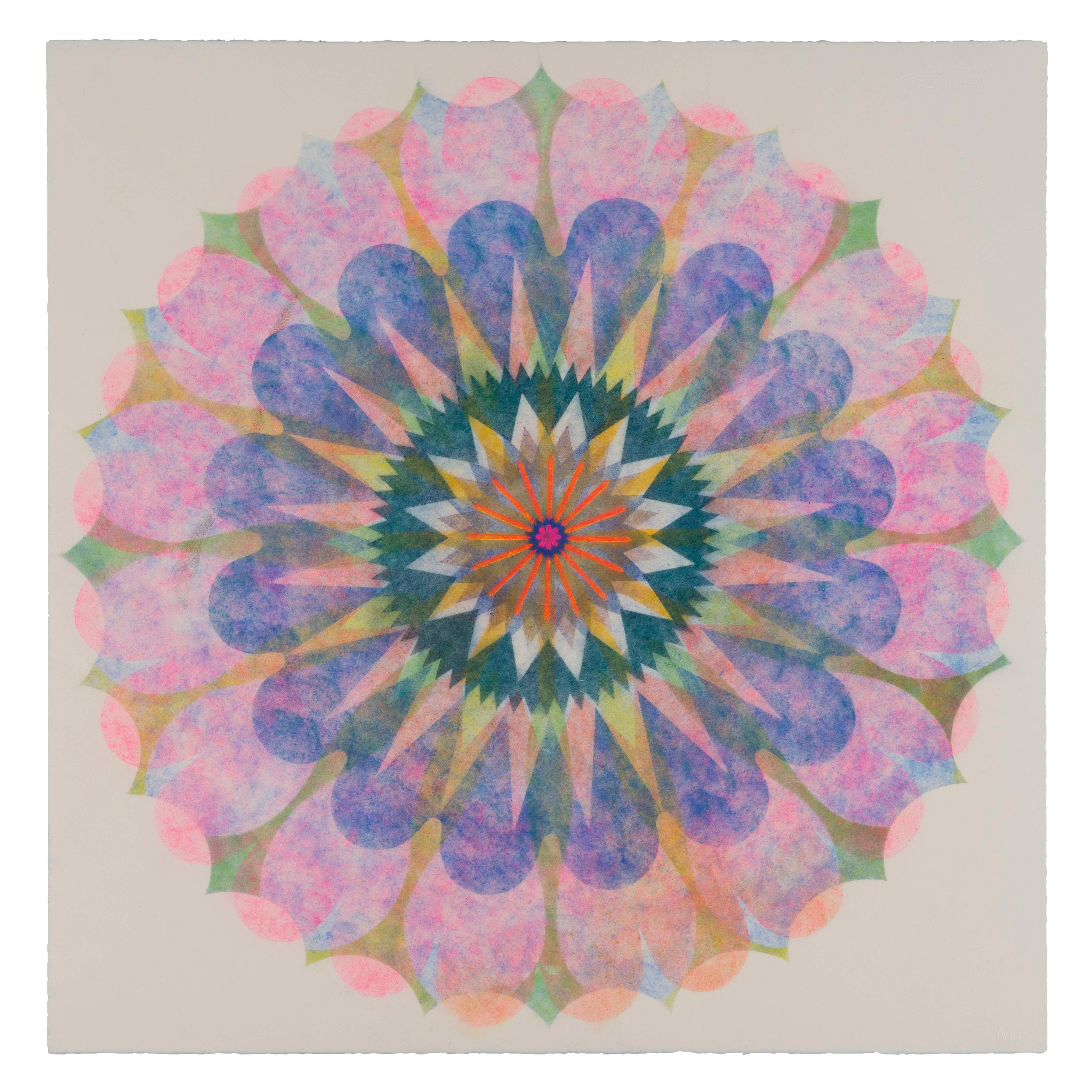 Mary Judge Abstract Drawing - Poptic 13, Flower Mandala, Light Pink, Blue, Golden Yellow, Red, Green