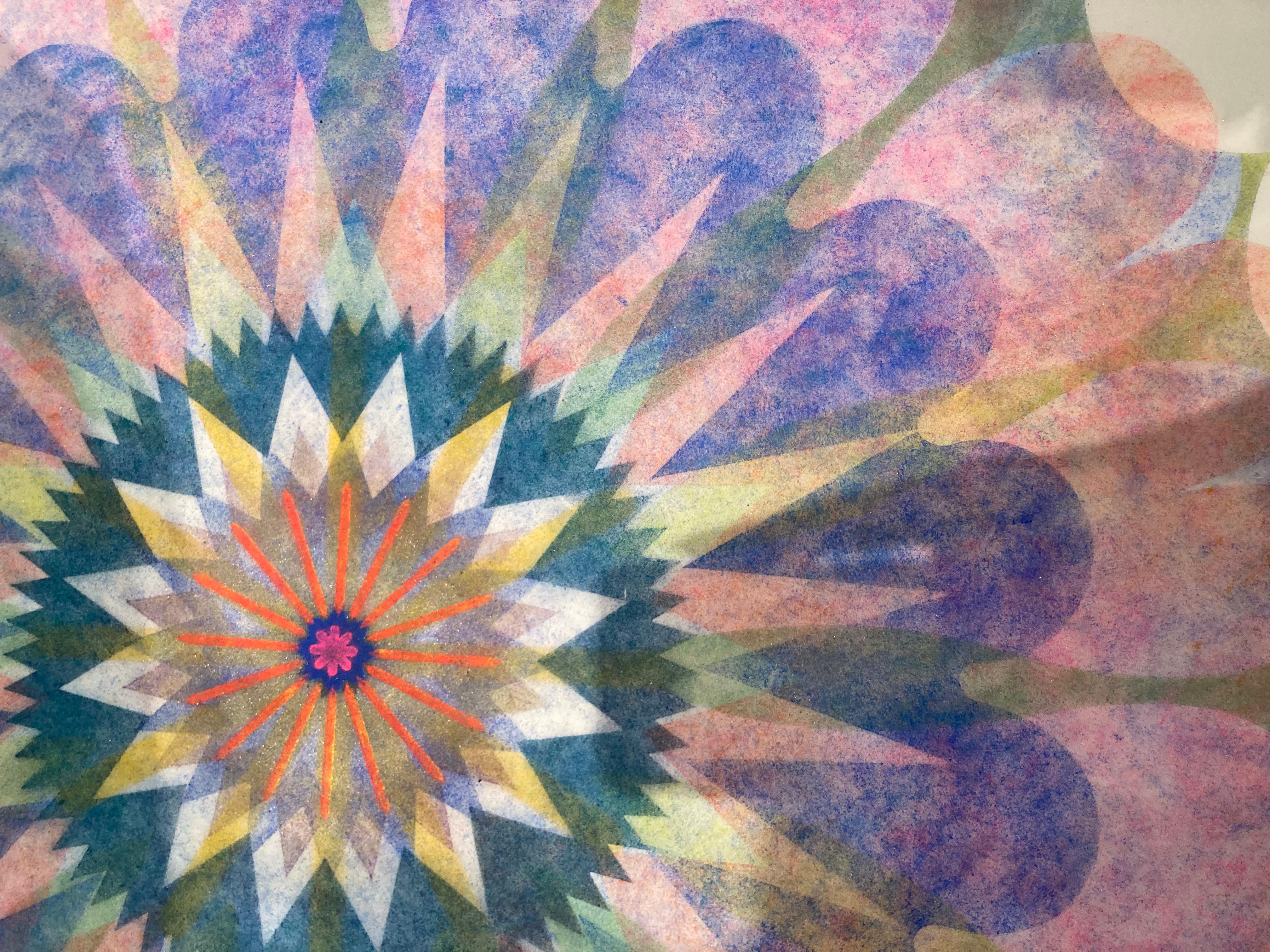 Poptic 13, Flower Mandala, Light Pink, Blue, Golden Yellow, Red, Green - Gray Abstract Drawing by Mary Judge