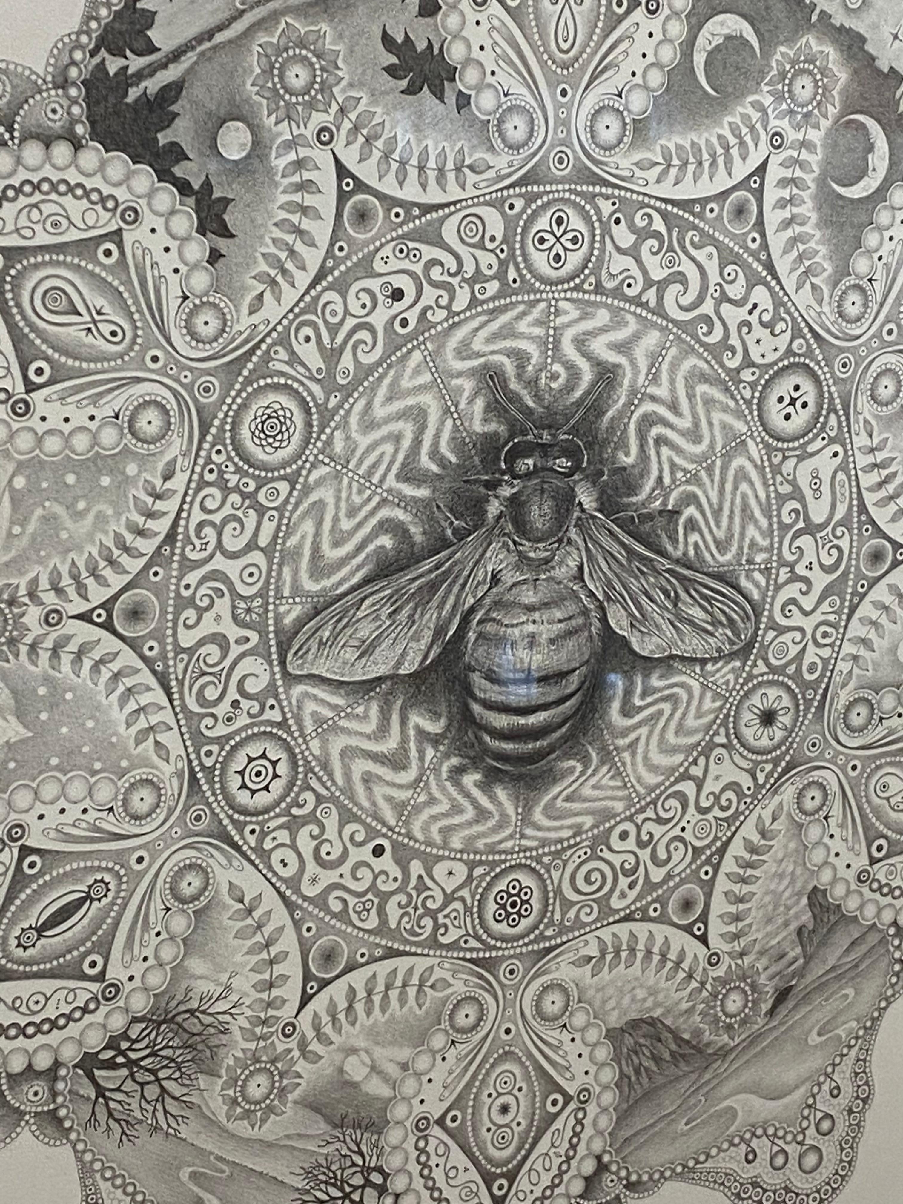 Snowflakes 99 Pollinator, Mandala Pencil Drawing, Bee, Insect, Landscape, Trees - Gray Abstract Drawing by Michiyo Ihara