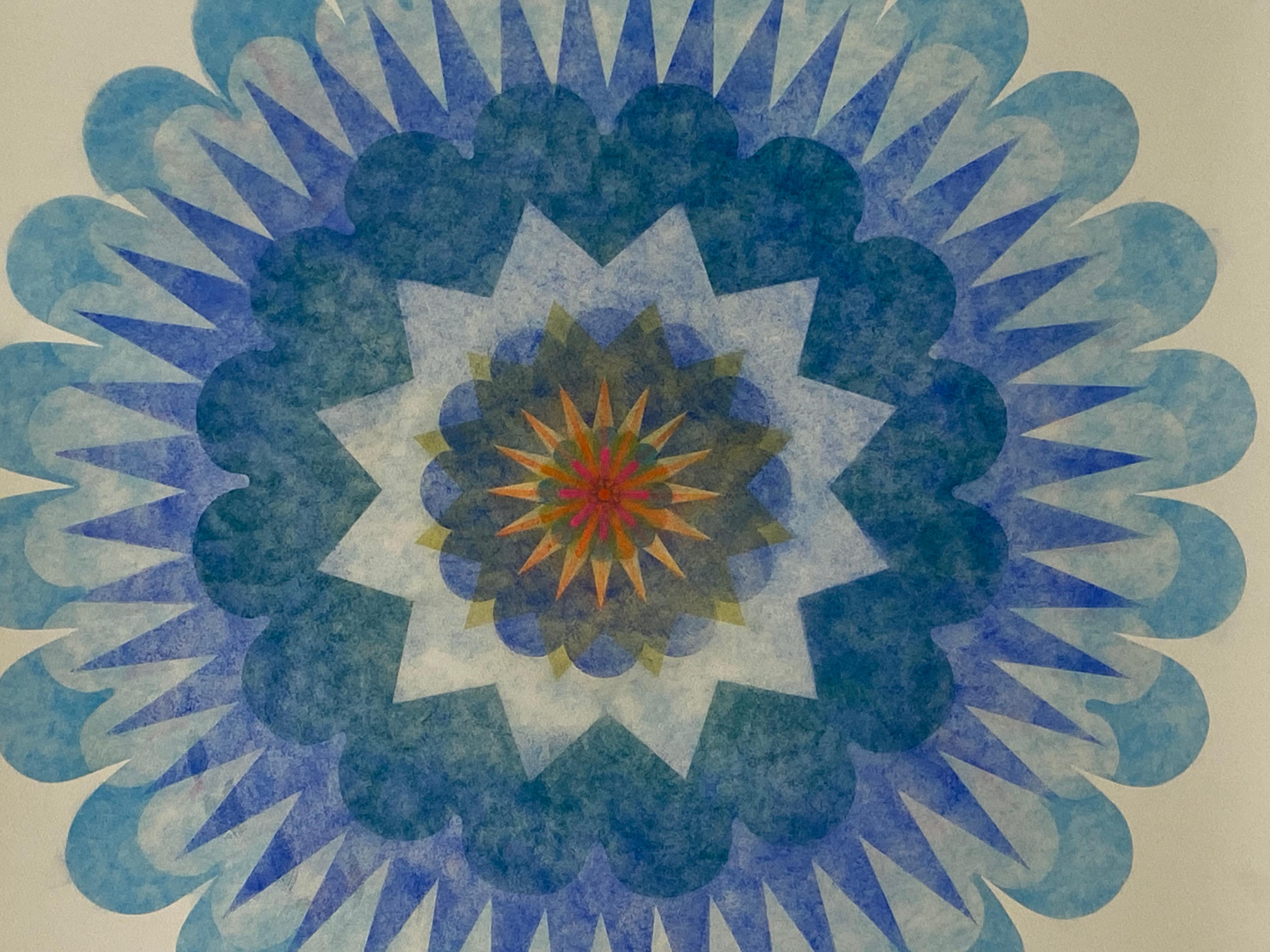 This multicolored drawing has a beautiful, soft mottled texture created with Judge's unique powered pigment technique. Poptic 25 is a mandala shape predominately in shades of blue from sky blue to navy with bright red, orange and yellow at the