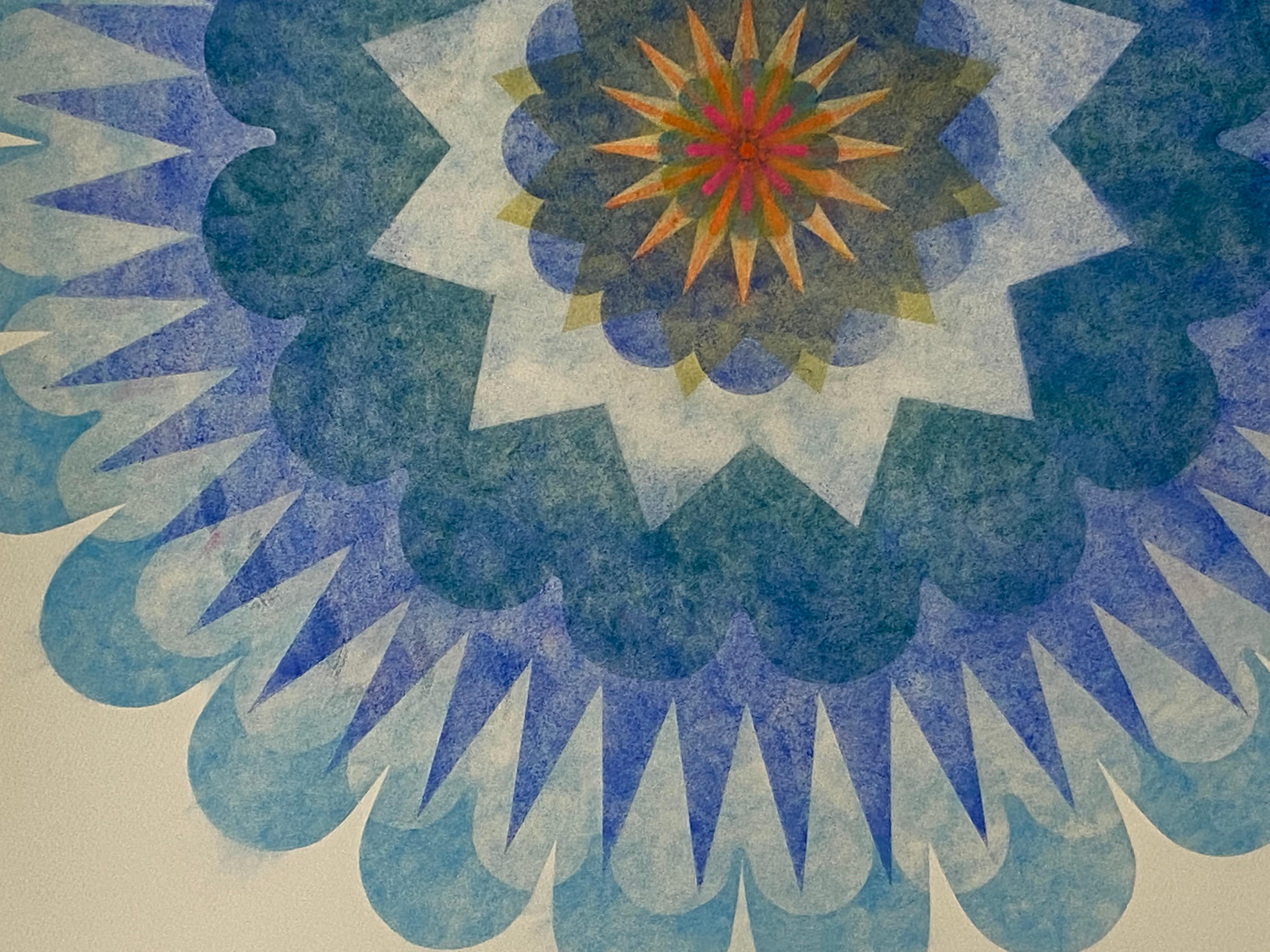 Poptic 24, Flower Mandala, Light Blue, Orange, Bright Red, Yellow - Contemporary Art by Mary Judge