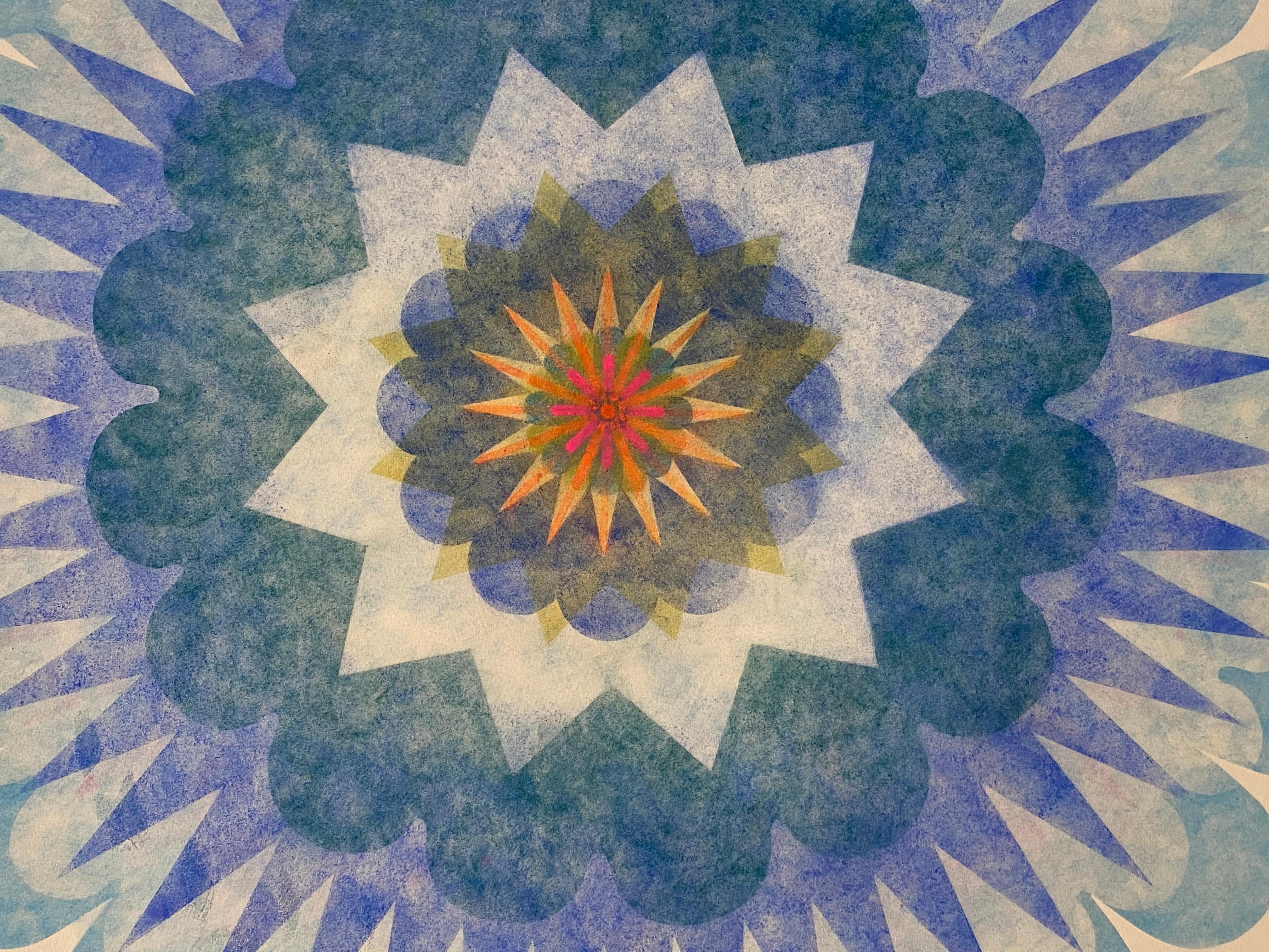 Poptic 24, Flower Mandala, Light Blue, Orange, Bright Red, Yellow - Gray Abstract Drawing by Mary Judge
