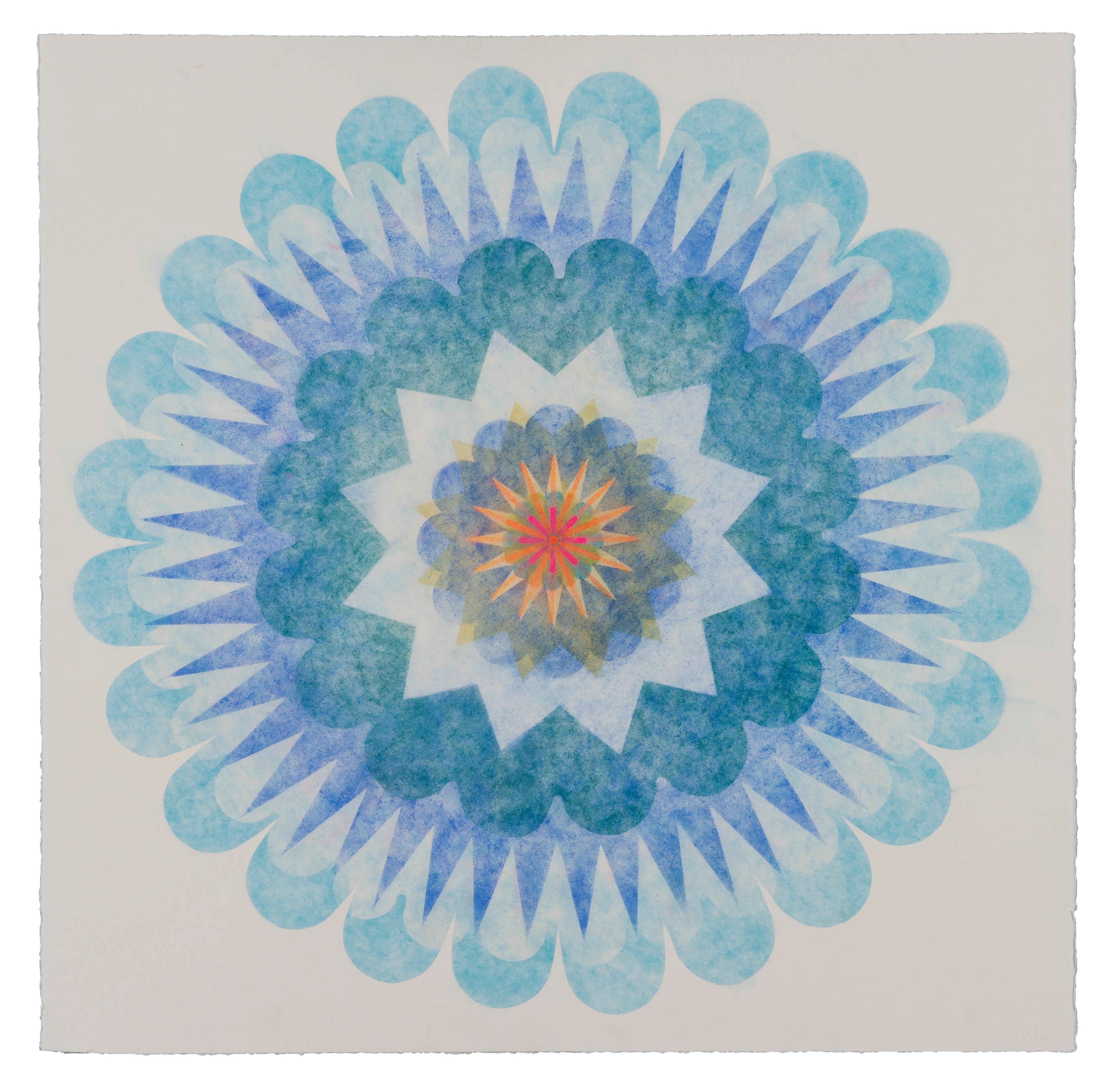 Mary Judge Abstract Drawing - Poptic 24, Flower Mandala, Light Blue, Orange, Bright Red, Yellow