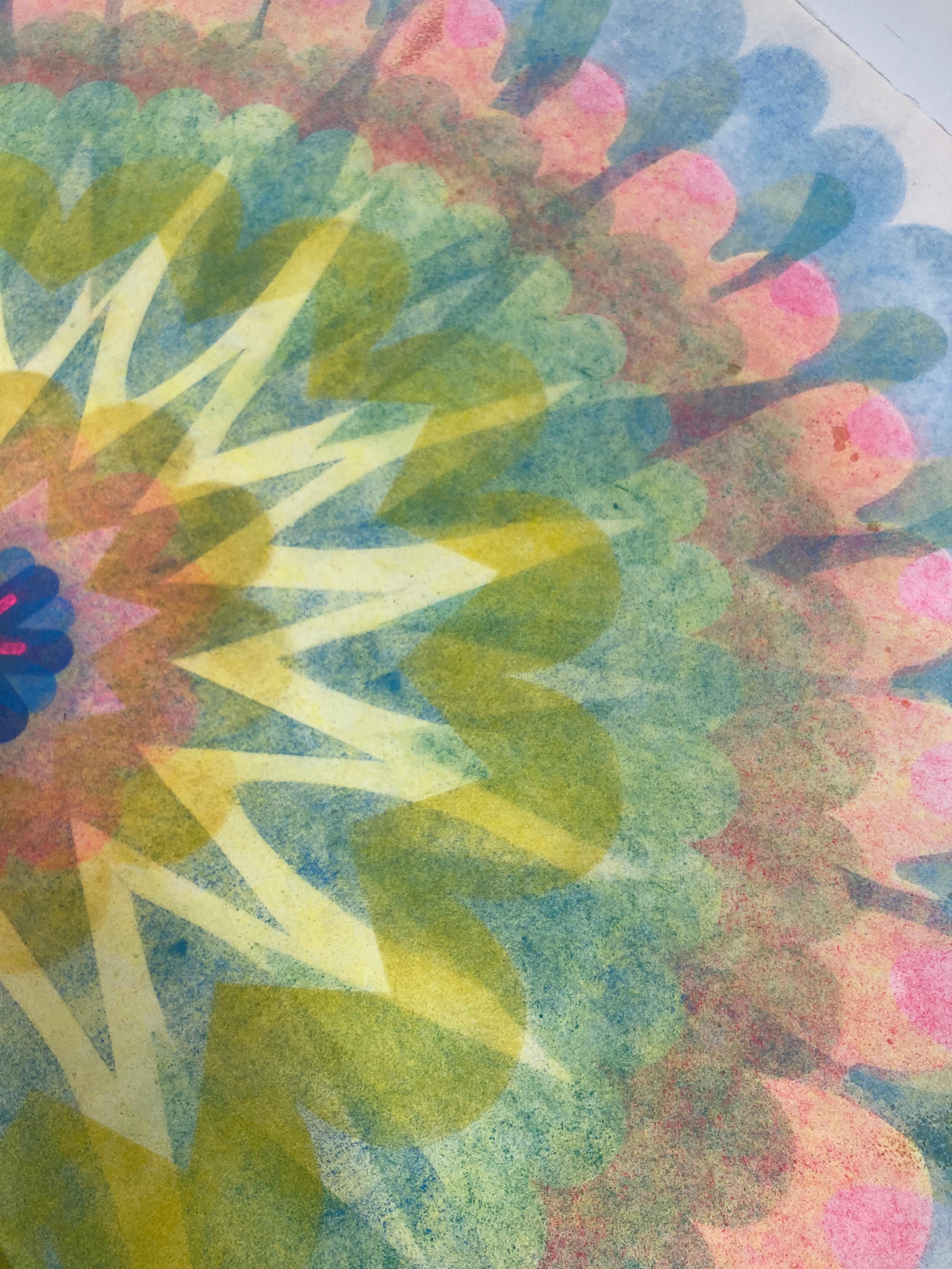 This multicolored drawing has a beautiful, soft mottled texture created with Judge's unique powered pigment technique. Poptic 23 is a predominately light blue, pink and golden yellow mandala shape with bright neon pink and blue at the center,