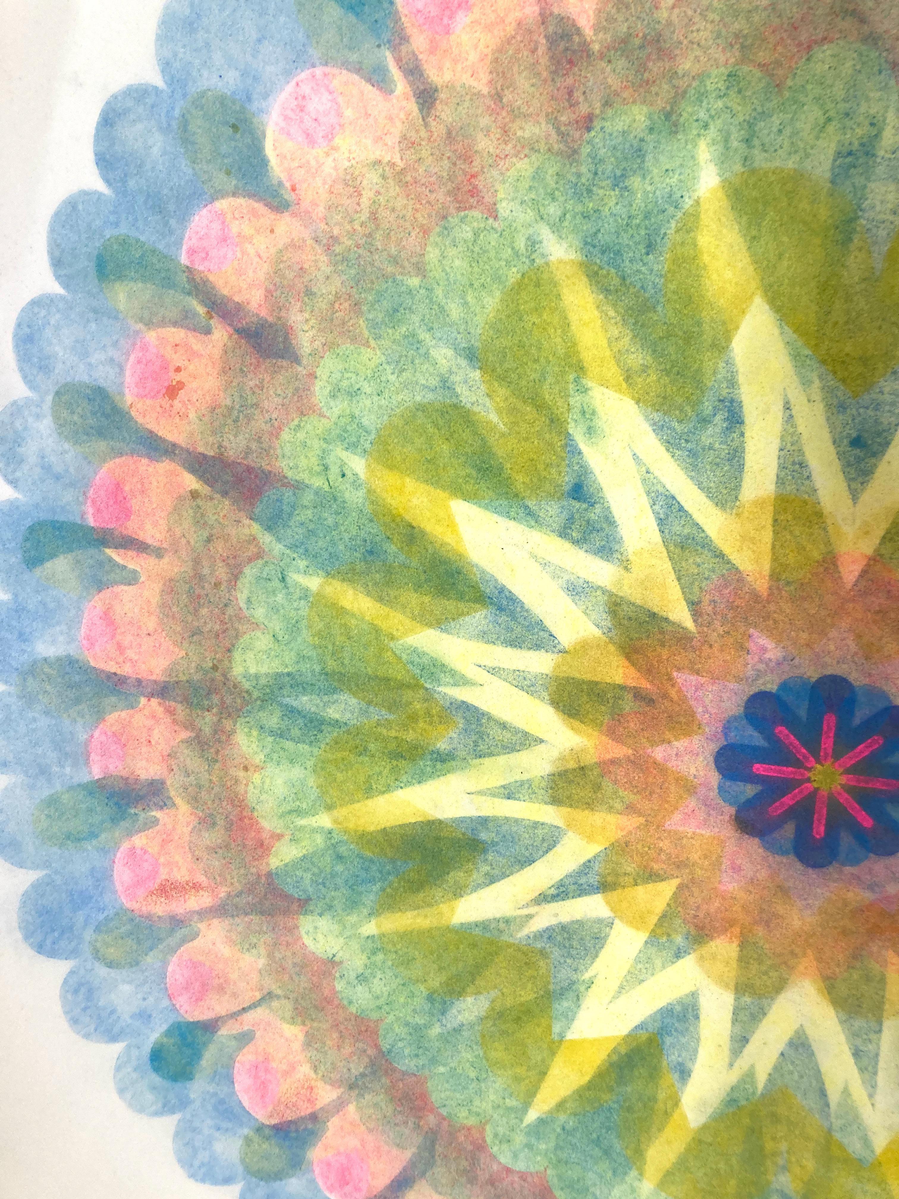Poptic 23, Flower Mandala, Light Blue, Pink, Golden Yellow, Cobalt, Green - Art by Mary Judge