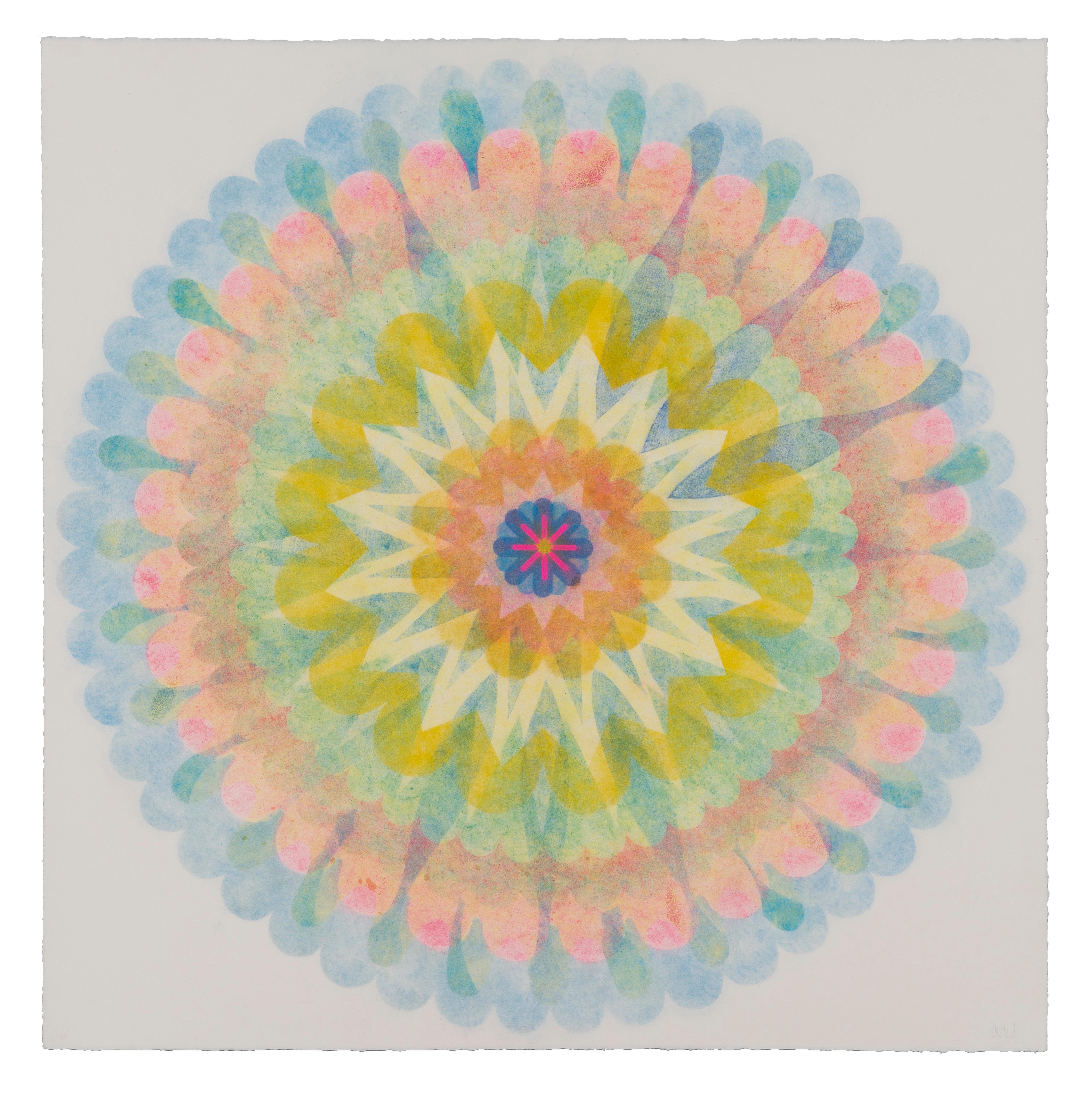 Mary Judge Abstract Drawing - Poptic 23, Flower Mandala, Light Blue, Pink, Golden Yellow, Cobalt, Green
