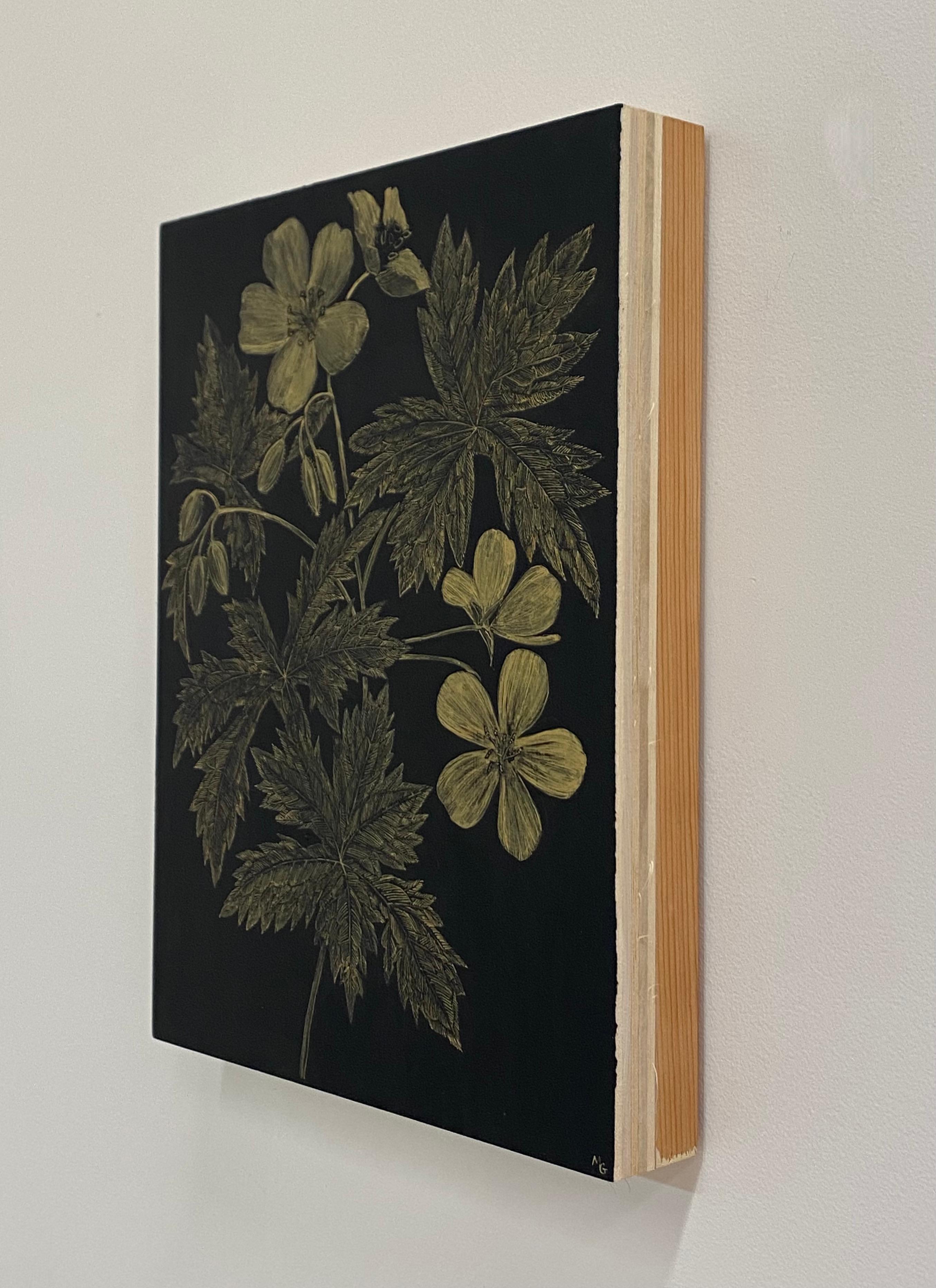 Wild Geranium, Botanical Painting on Black Panel with Gold Flowers, Leaves, Stem 9
