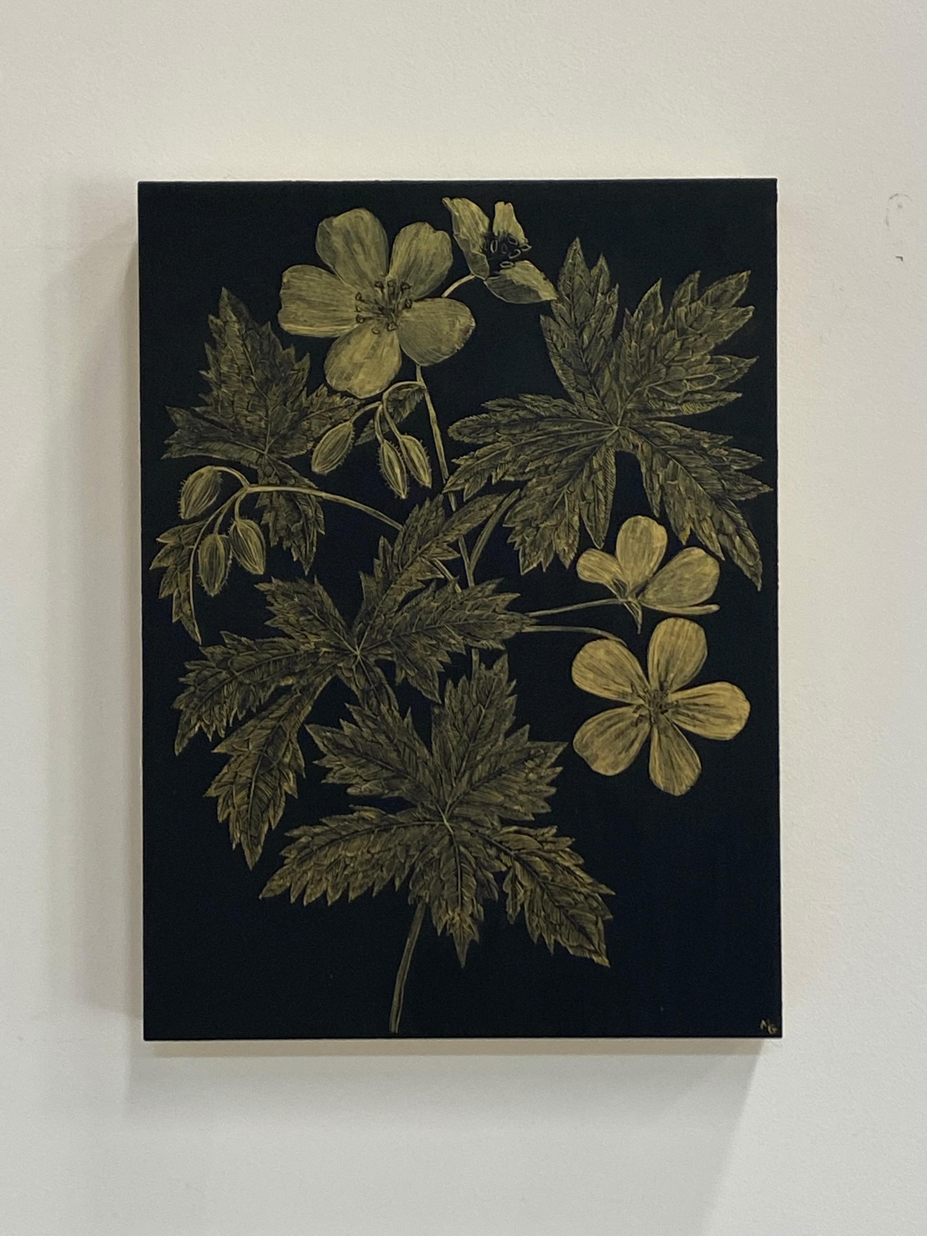 Wild Geranium, Botanical Painting on Black Panel with Gold Flowers, Leaves, Stem 1