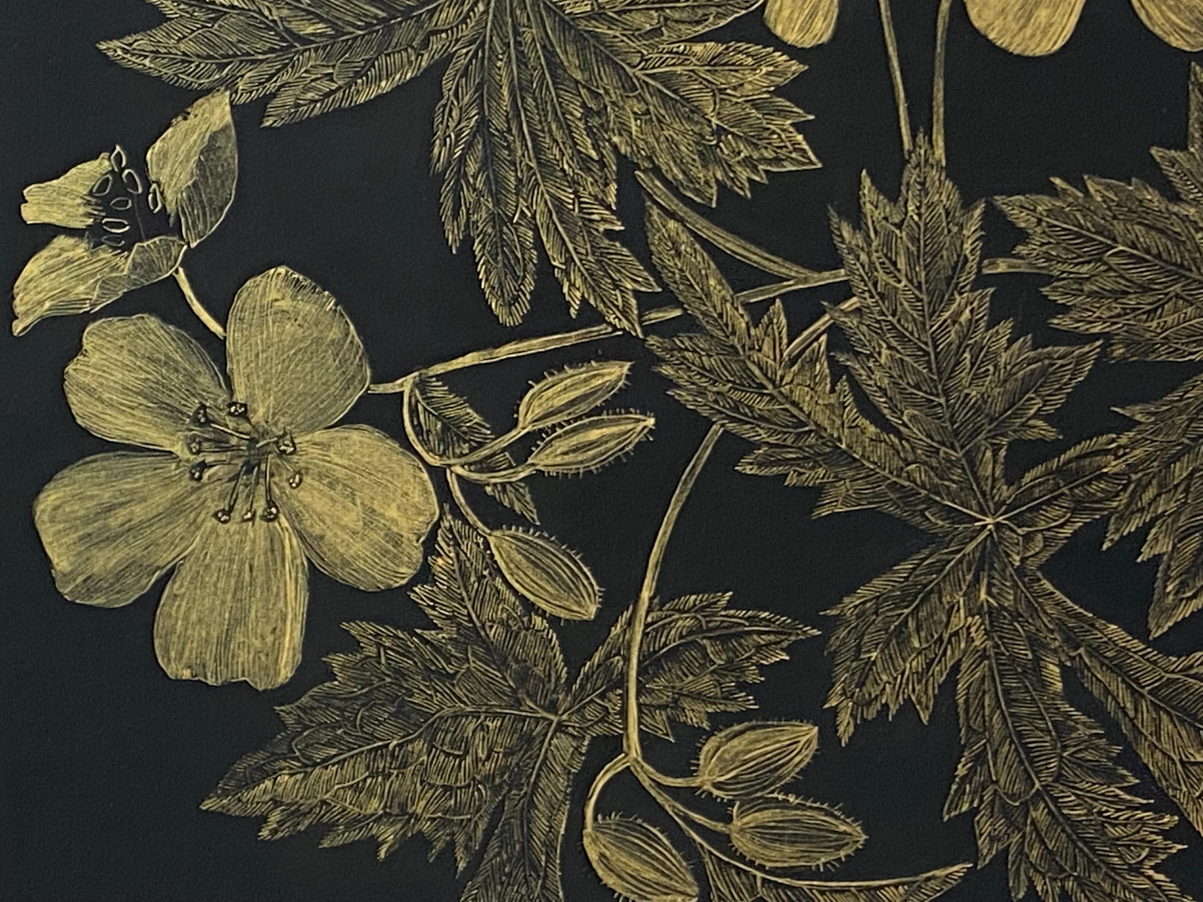 Wild Geranium, Botanical Painting on Black Panel with Gold Flowers, Leaves, Stem 5