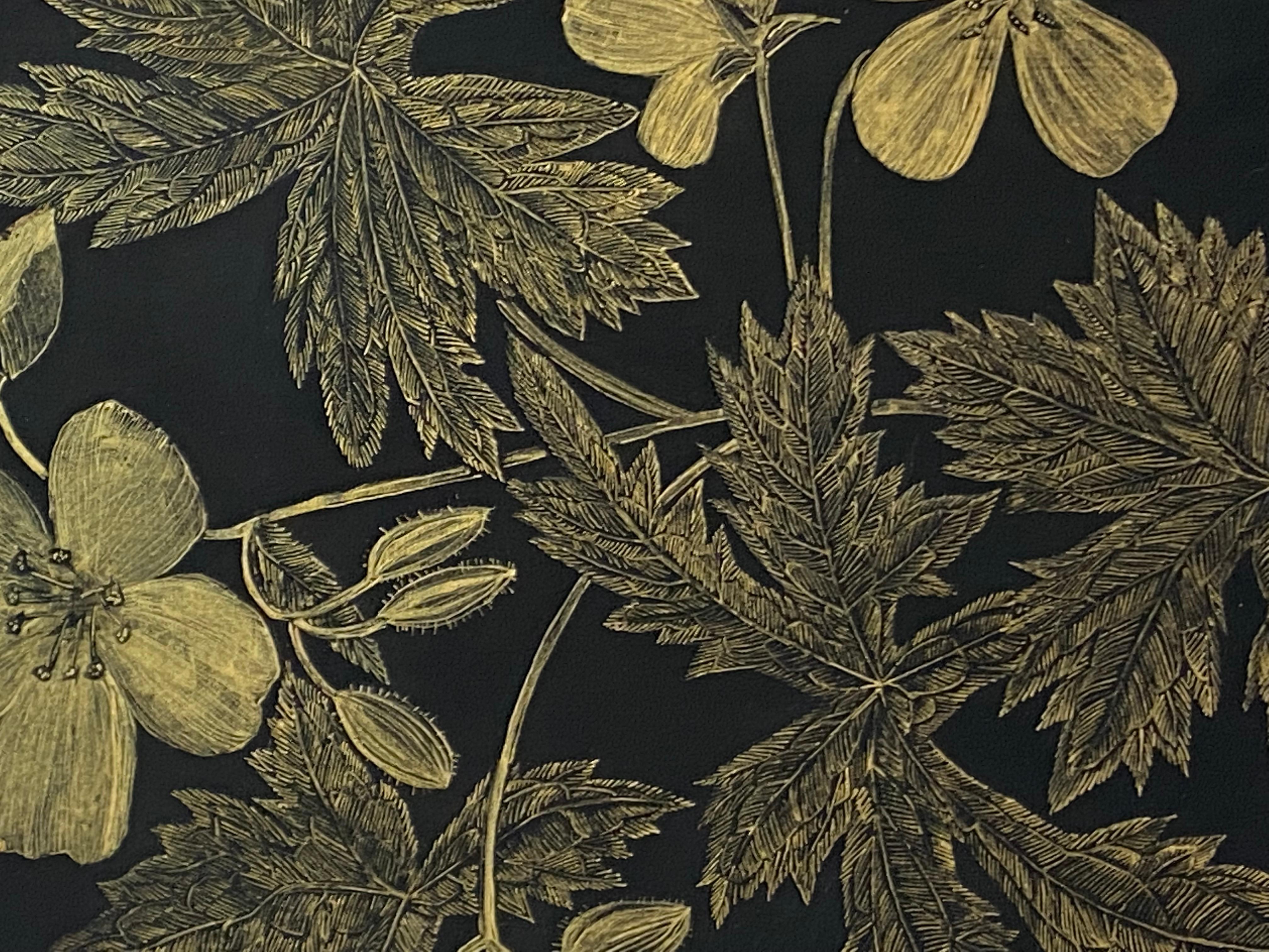 Wild Geranium, Botanical Painting on Black Panel with Gold Flowers, Leaves, Stem 4