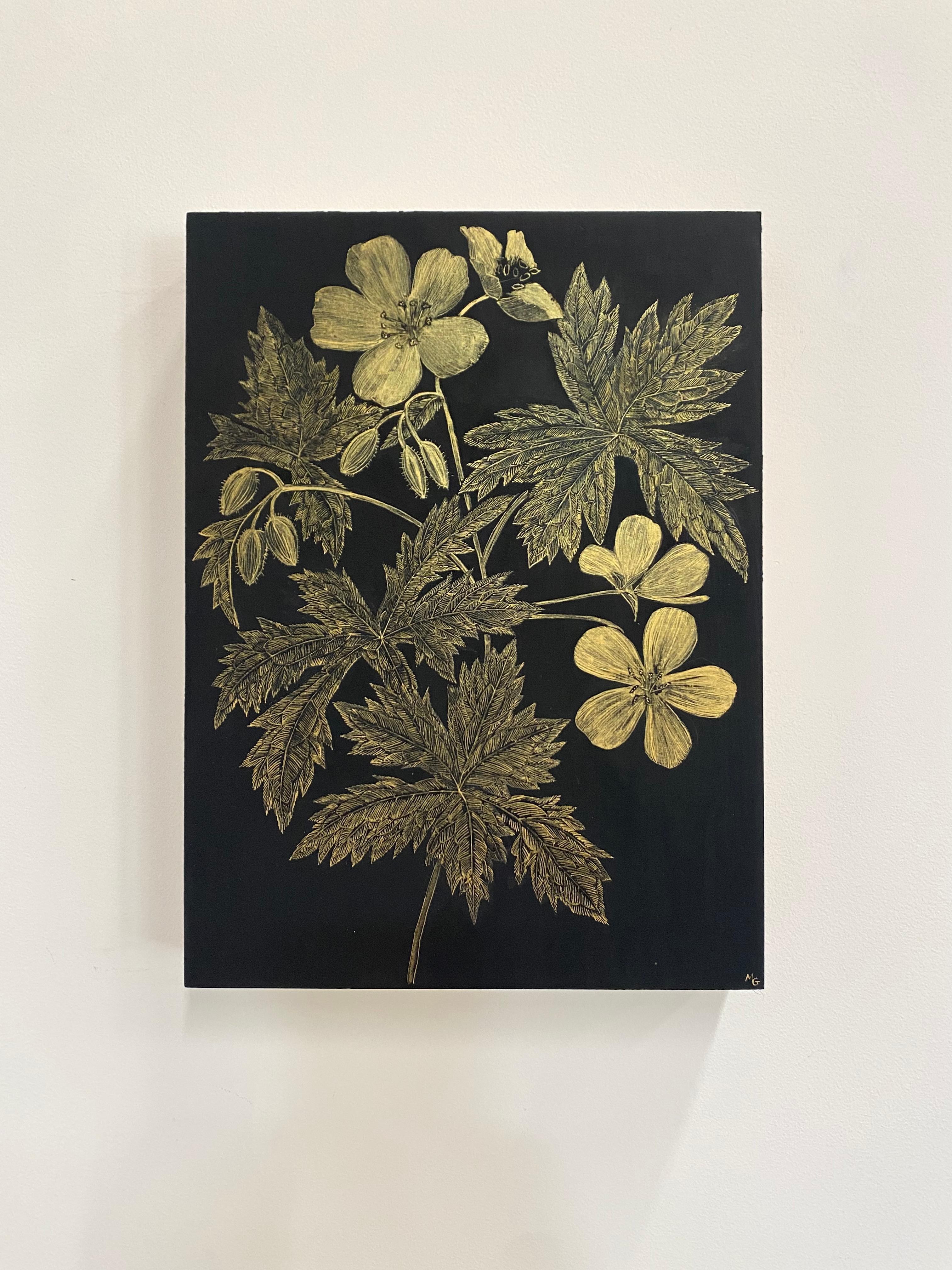 Wild Geranium, Botanical Painting on Black Panel with Gold Flowers, Leaves, Stem 12