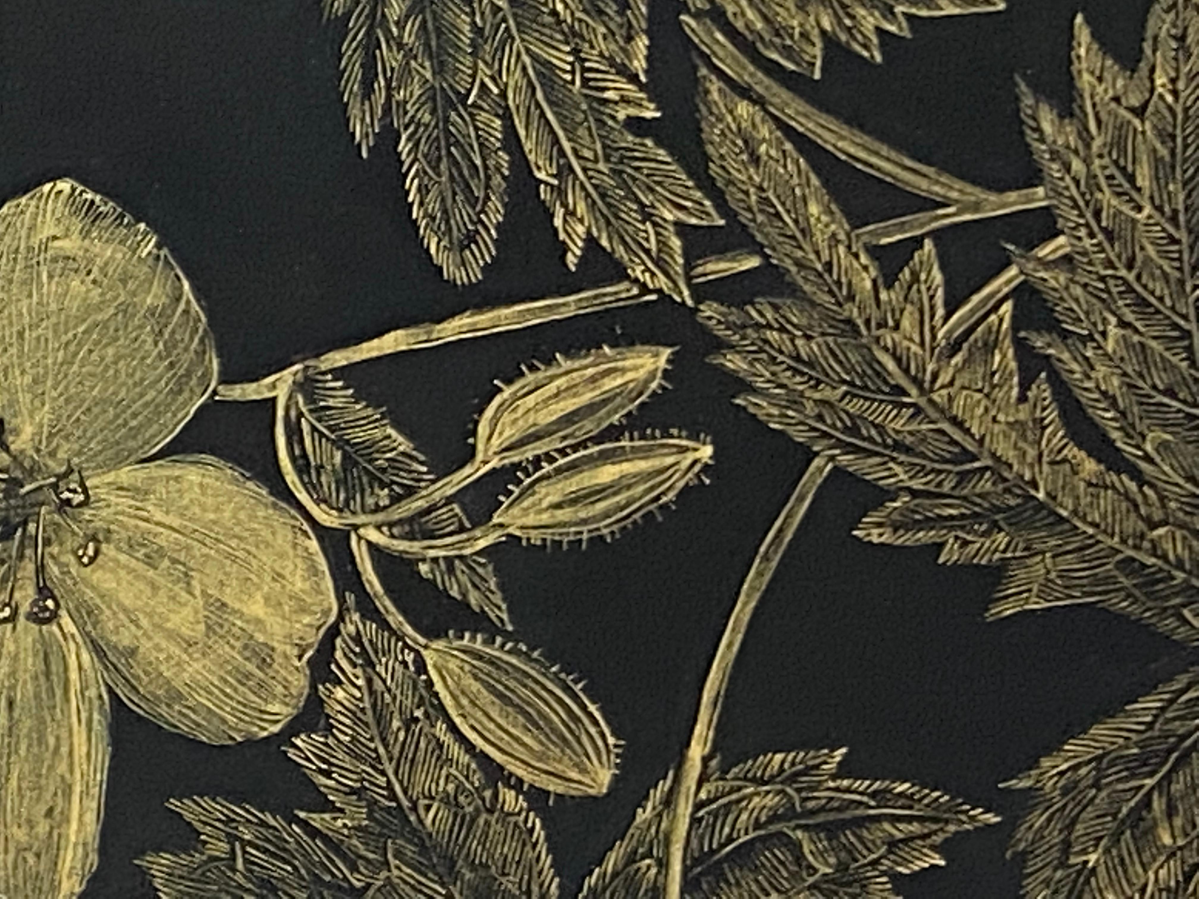 Wild Geranium, Botanical Painting on Black Panel with Gold Flowers, Leaves, Stem 8