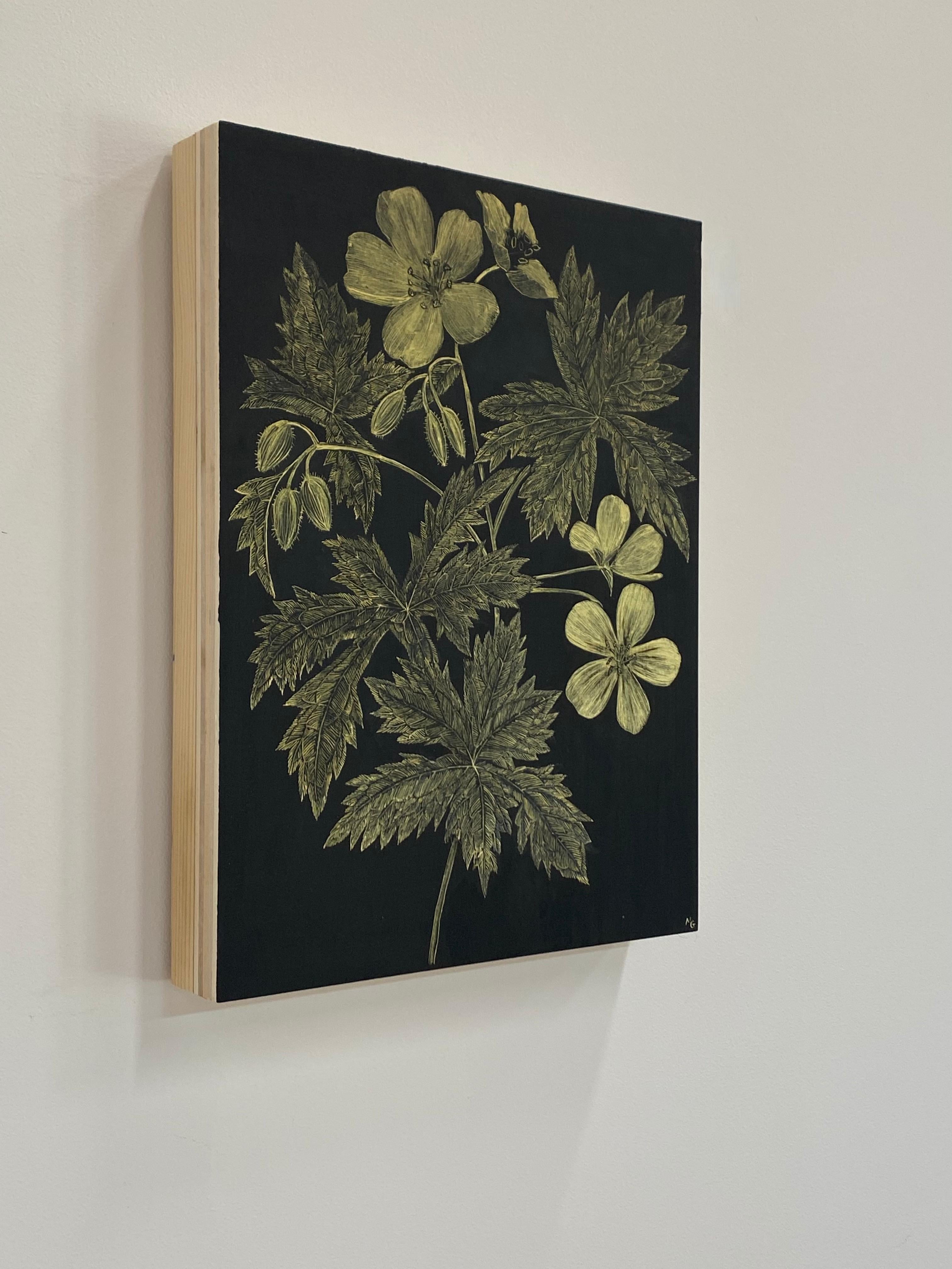 Wild Geranium, Botanical Painting on Black Panel with Gold Flowers, Leaves, Stem 3