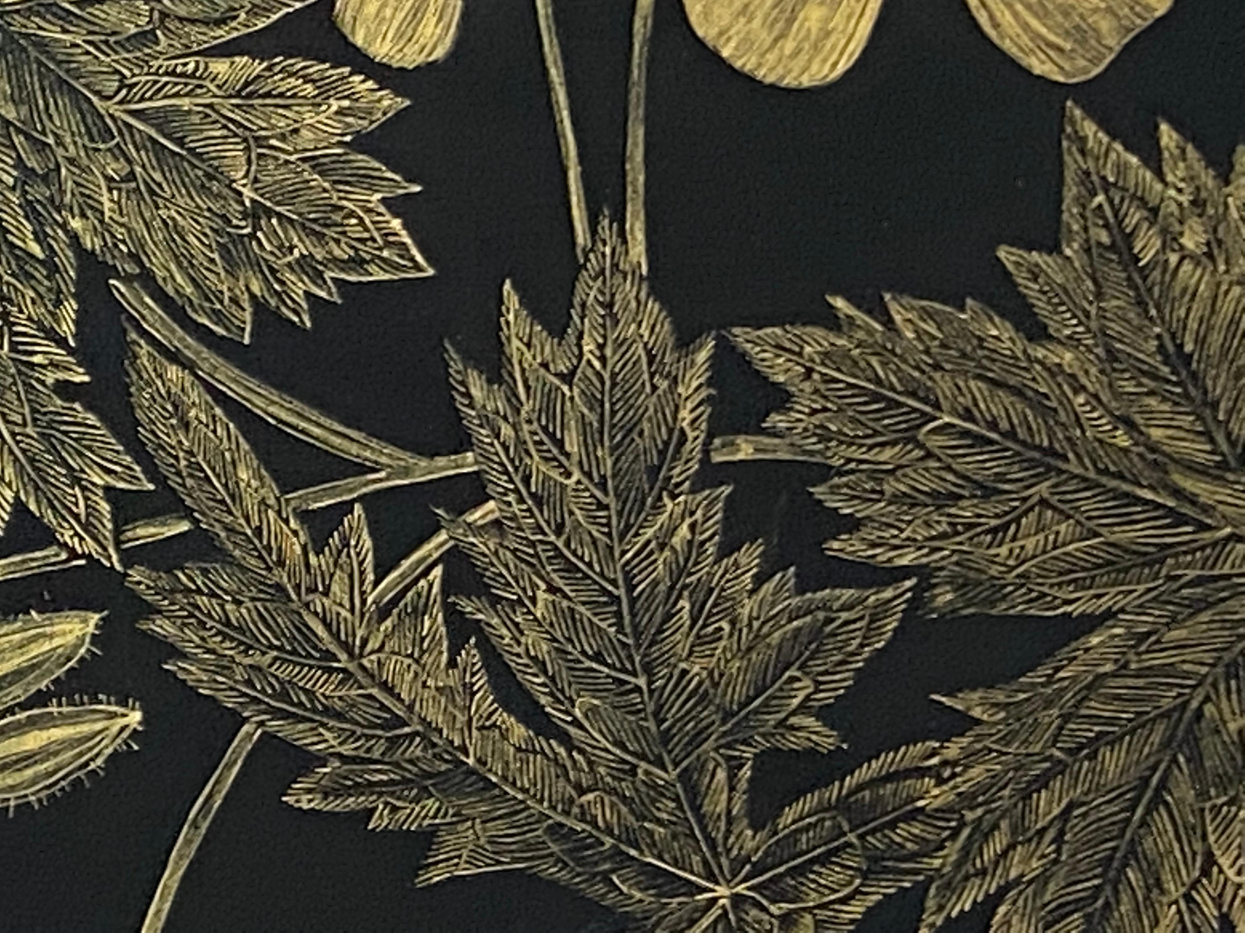Wild Geranium, Botanical Painting on Black Panel with Gold Flowers, Leaves, Stem 7