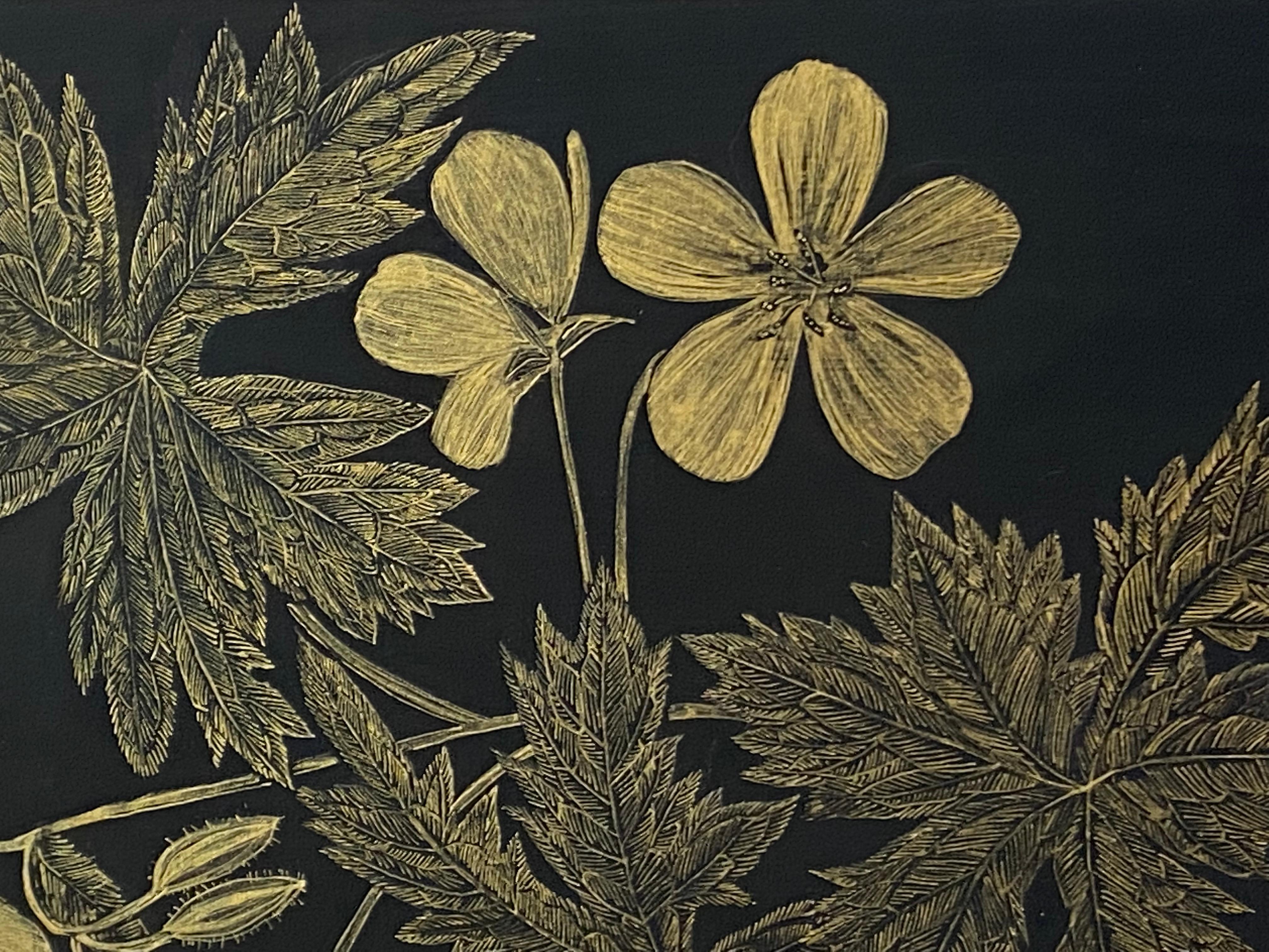 Wild Geranium, Botanical Painting on Black Panel with Gold Flowers, Leaves, Stem 6