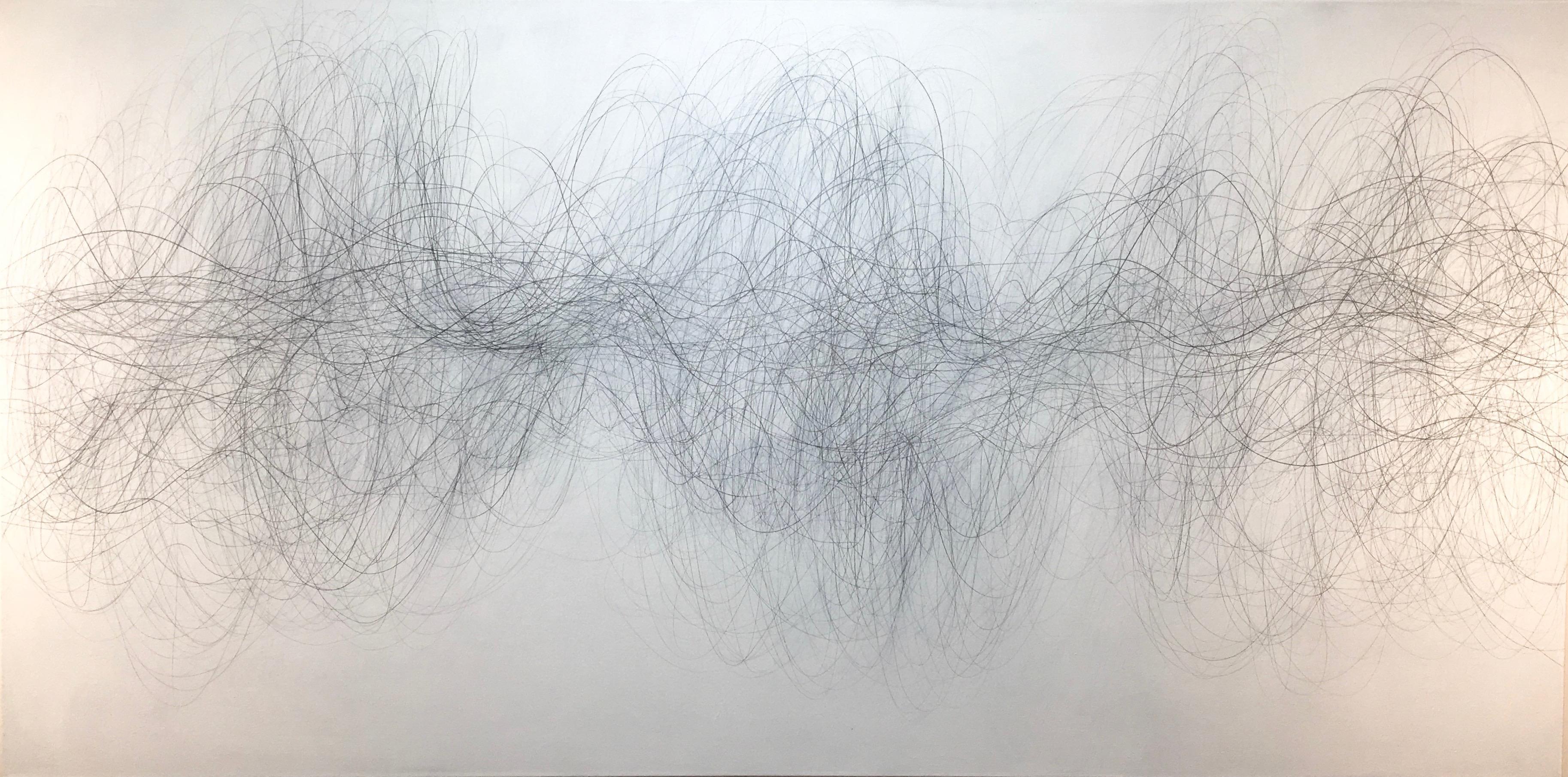 Margaret Neill Abstract Drawing - Nomad, Large Horizontal Abstract Graphite Drawing of Undulating Lines on White
