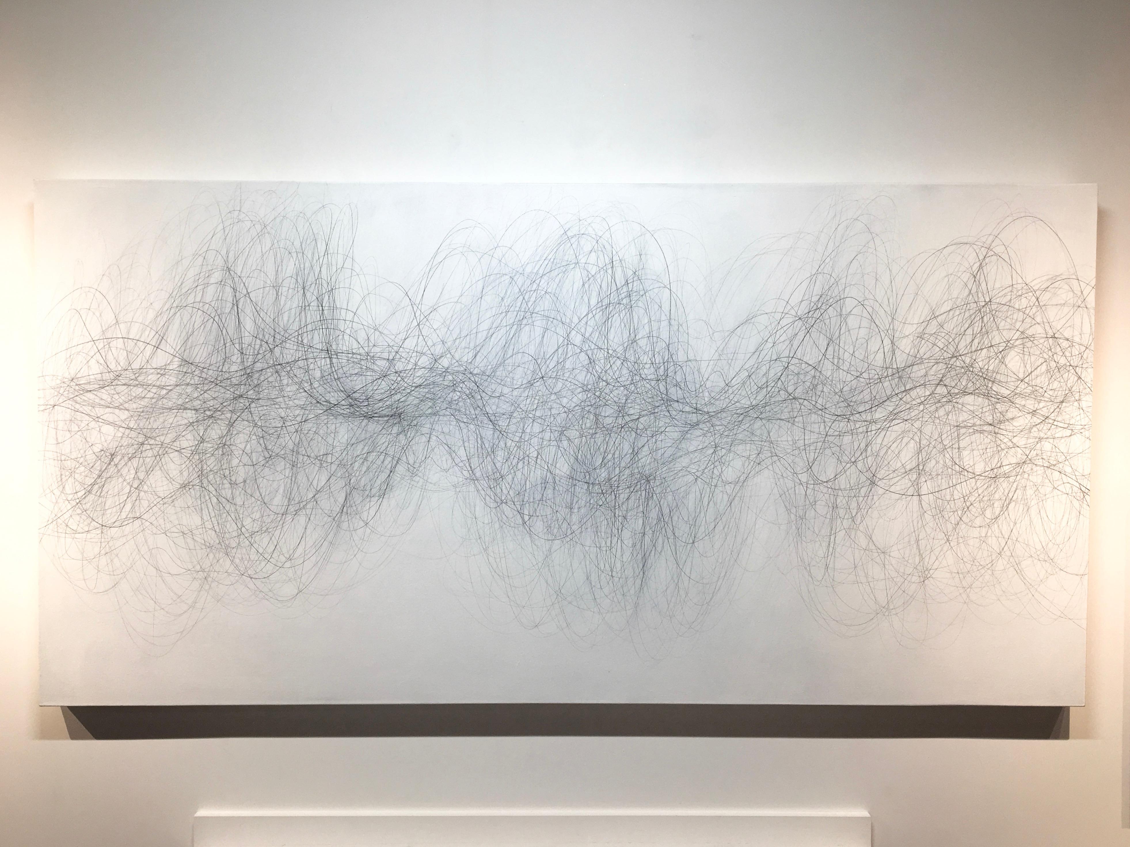 Nomad, Large Horizontal Abstract Graphite Drawing of Undulating Lines on White - Art by Margaret Neill