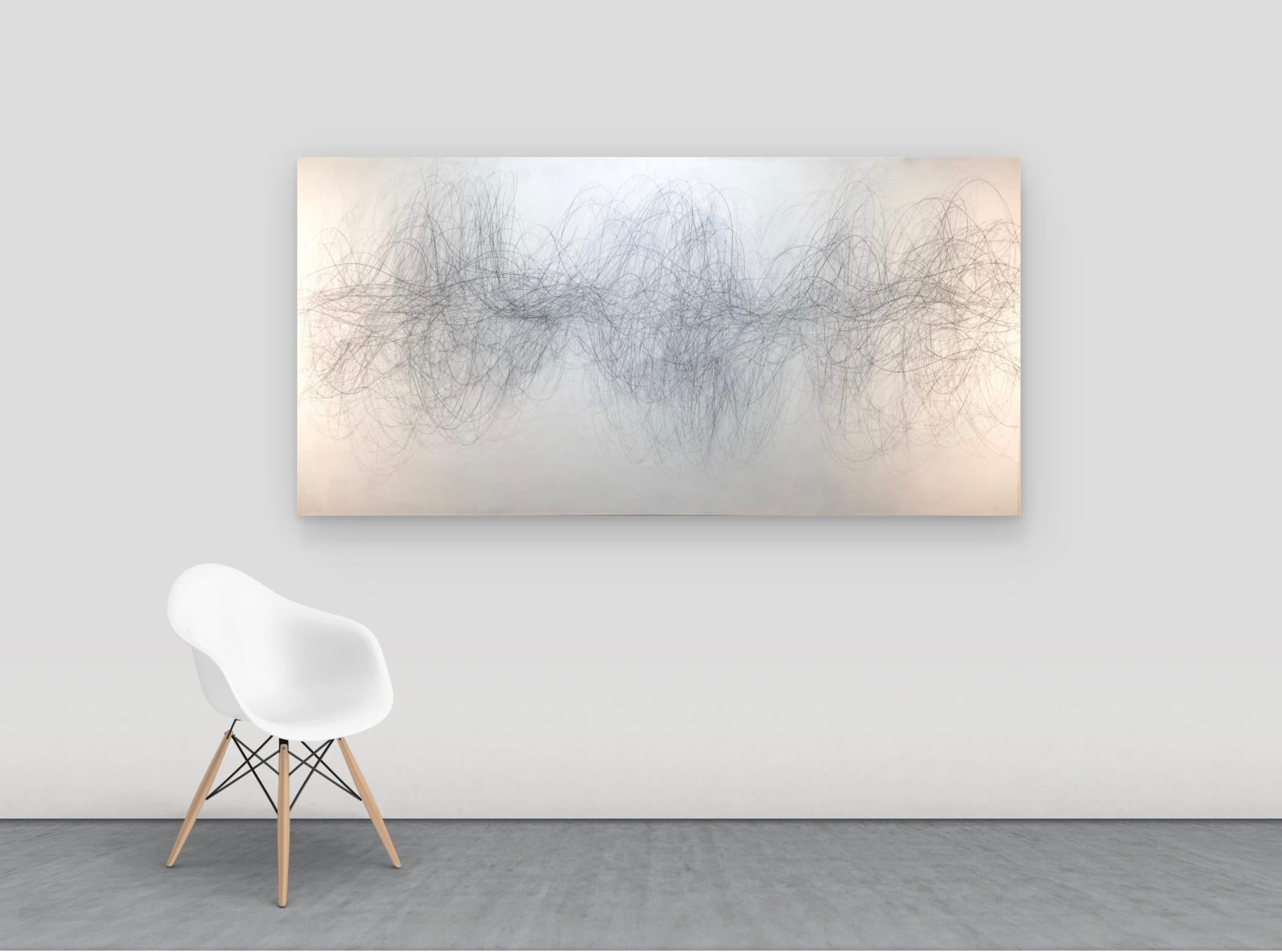 Nomad, Large Horizontal Abstract Graphite Drawing of Undulating Lines on White - Gray Abstract Drawing by Margaret Neill