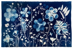 Cyanotype Painting Irises, Bleeding Hearts, Ferns, Botanical Painting in Blue