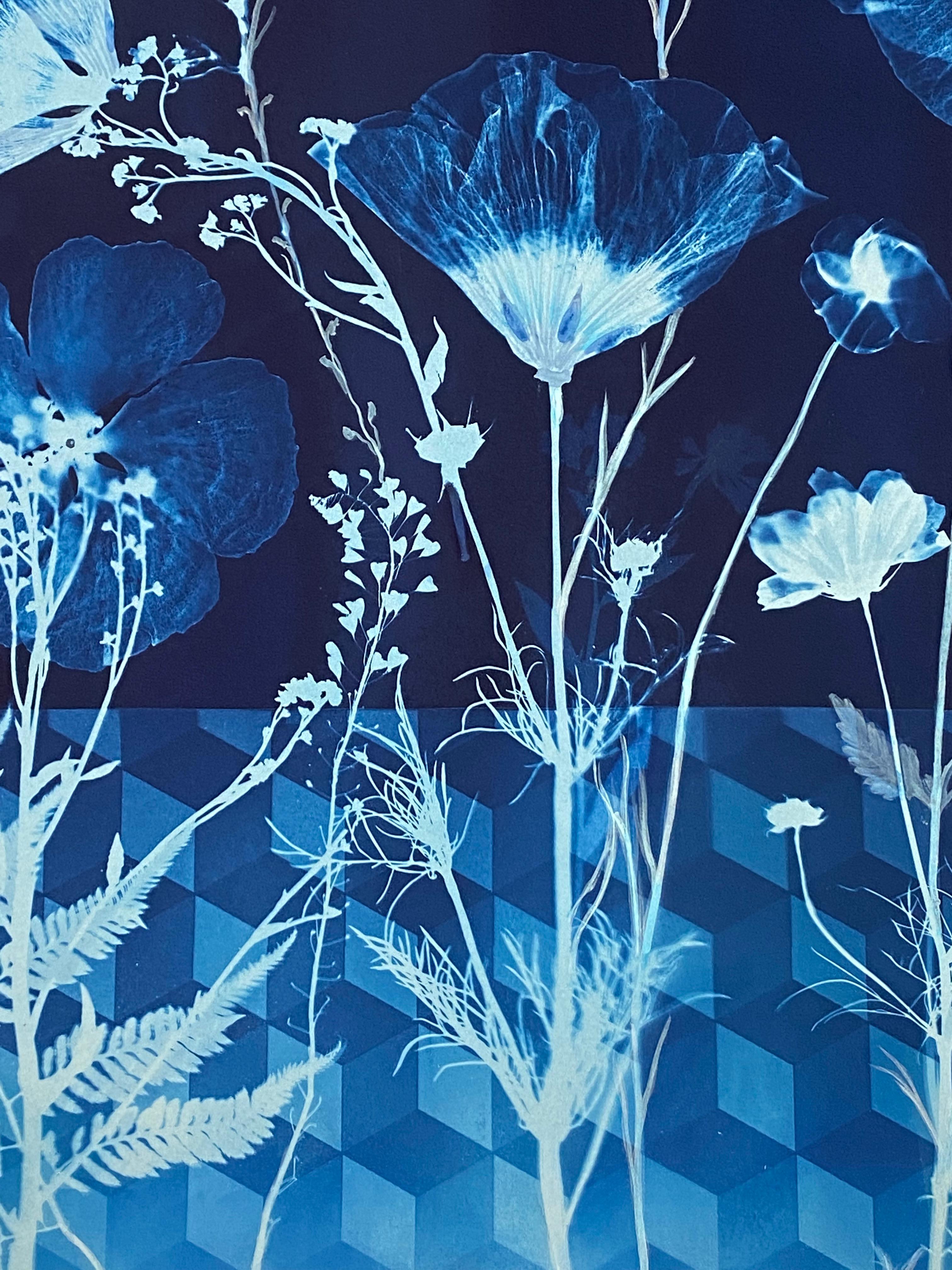 In this vertical work in watercolor, ink, gouache, and cyanotype on Arches platine paper, meticulously detailed hibiscus flowers are depicted in shades of pale blue against a deep, indigo blue background with a geometric tumbling block floor pattern