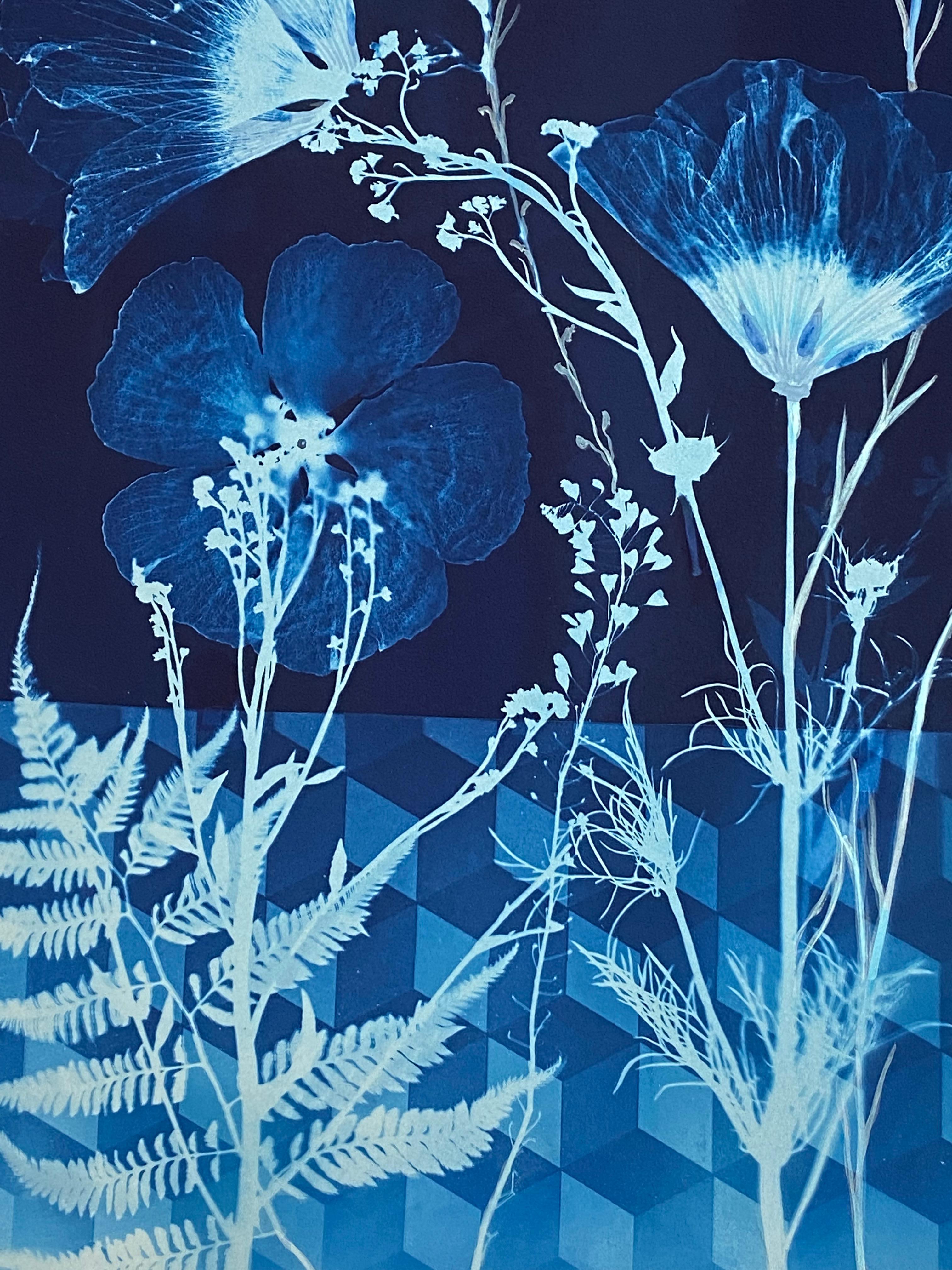 Cyanotype Painting Hibiscus, Tumbling Block Floor Pattern, Blue Botanical 1