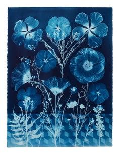 Cyanotype Painting Hibiscus, Tumbling Block Floor Pattern, Blue Botanical