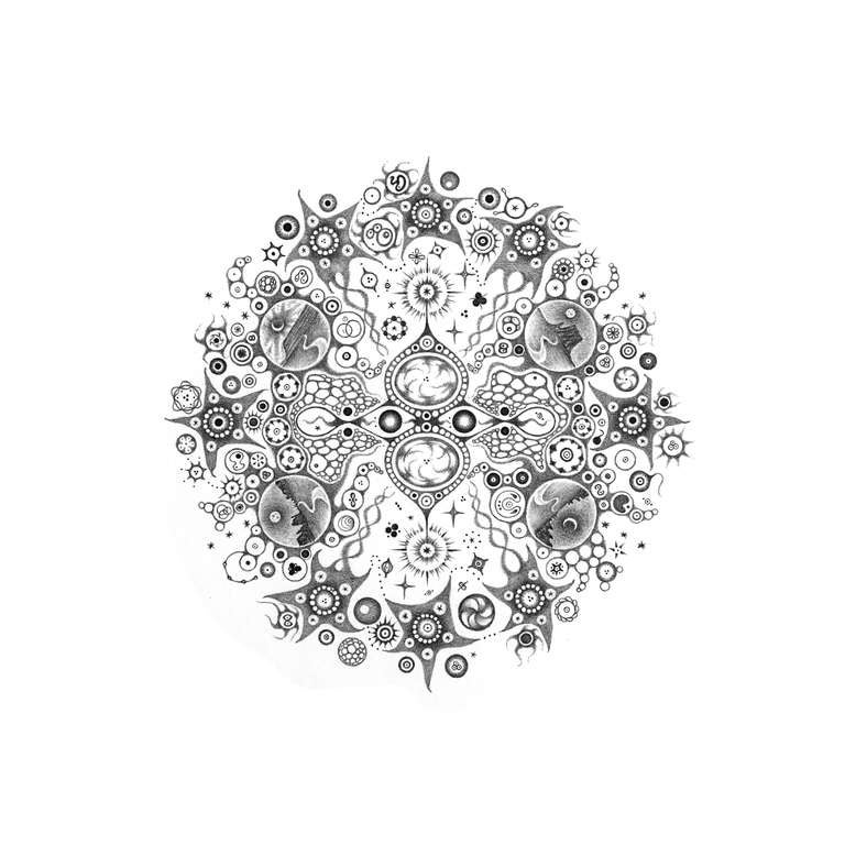 Michiyo Ihara Abstract Drawing - Snowflakes 114 Response, Mandala Pencil Drawing, Desert Landscape, Moon, Pattern