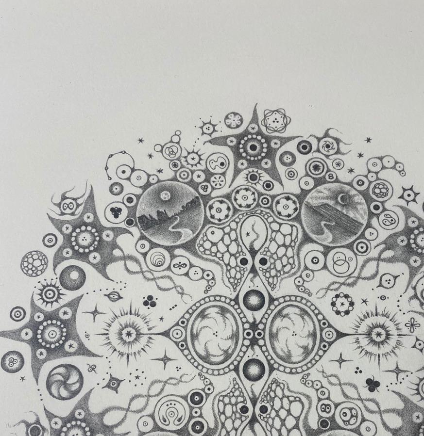 Snowflakes 114 Response, Mandala Pencil Drawing, Desert Landscape, Moon, Pattern - Gray Abstract Drawing by Michiyo Ihara