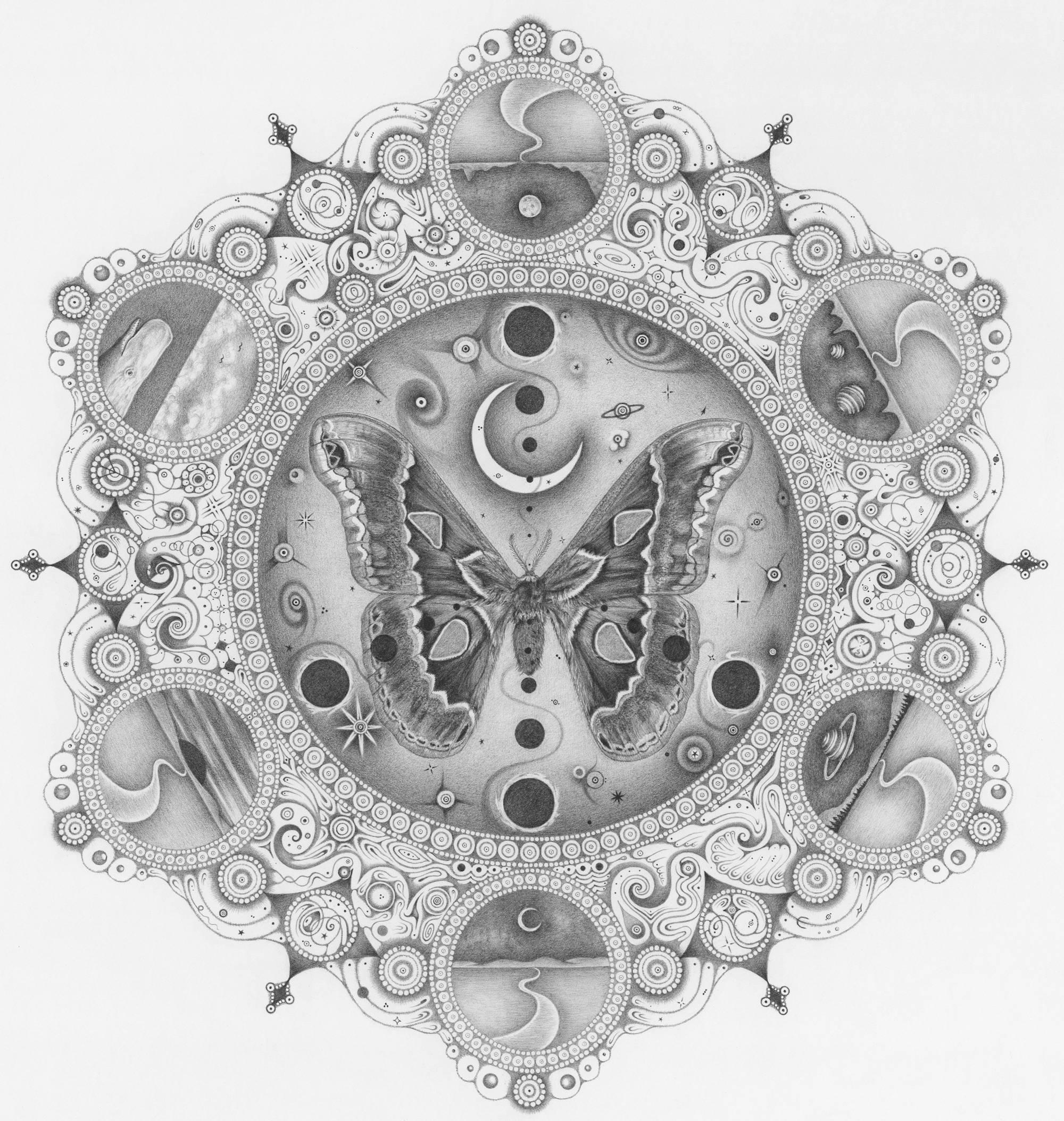 Michiyo Ihara Abstract Drawing - Snowflakes 149 Guardian Deity, Square Mandala Pencil Drawing with Moth, Planets