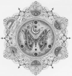 Snowflakes 149 Guardian Deity, Square Mandala Pencil Drawing with Moth, Planets