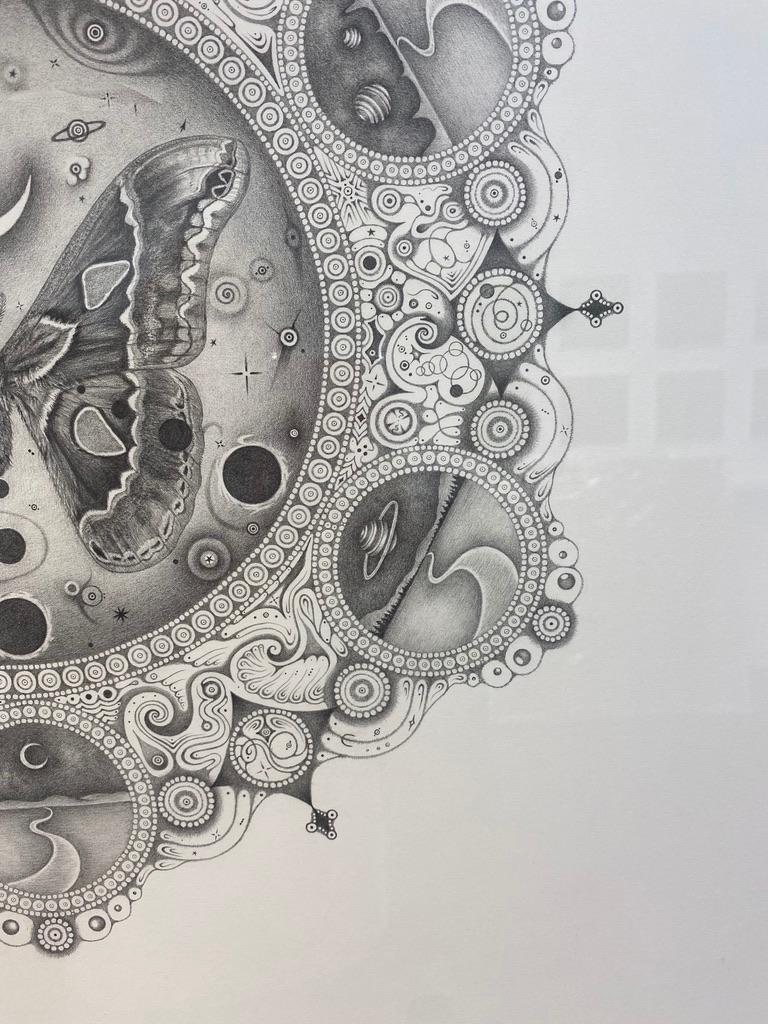Snowflakes 149 Guardian Deity, Square Mandala Pencil Drawing with Moth, Planets - Contemporary Art by Michiyo Ihara