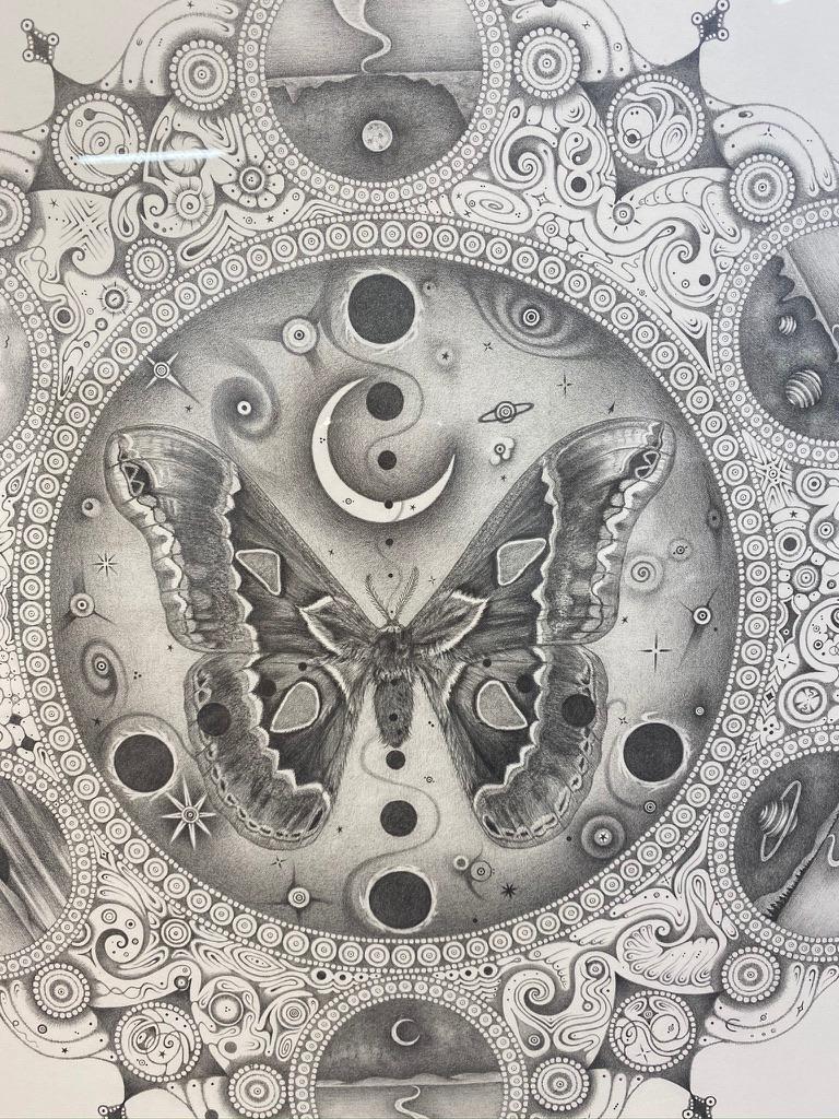Snowflakes 149 Guardian Deity, Square Mandala Pencil Drawing with Moth, Planets - Gray Abstract Drawing by Michiyo Ihara